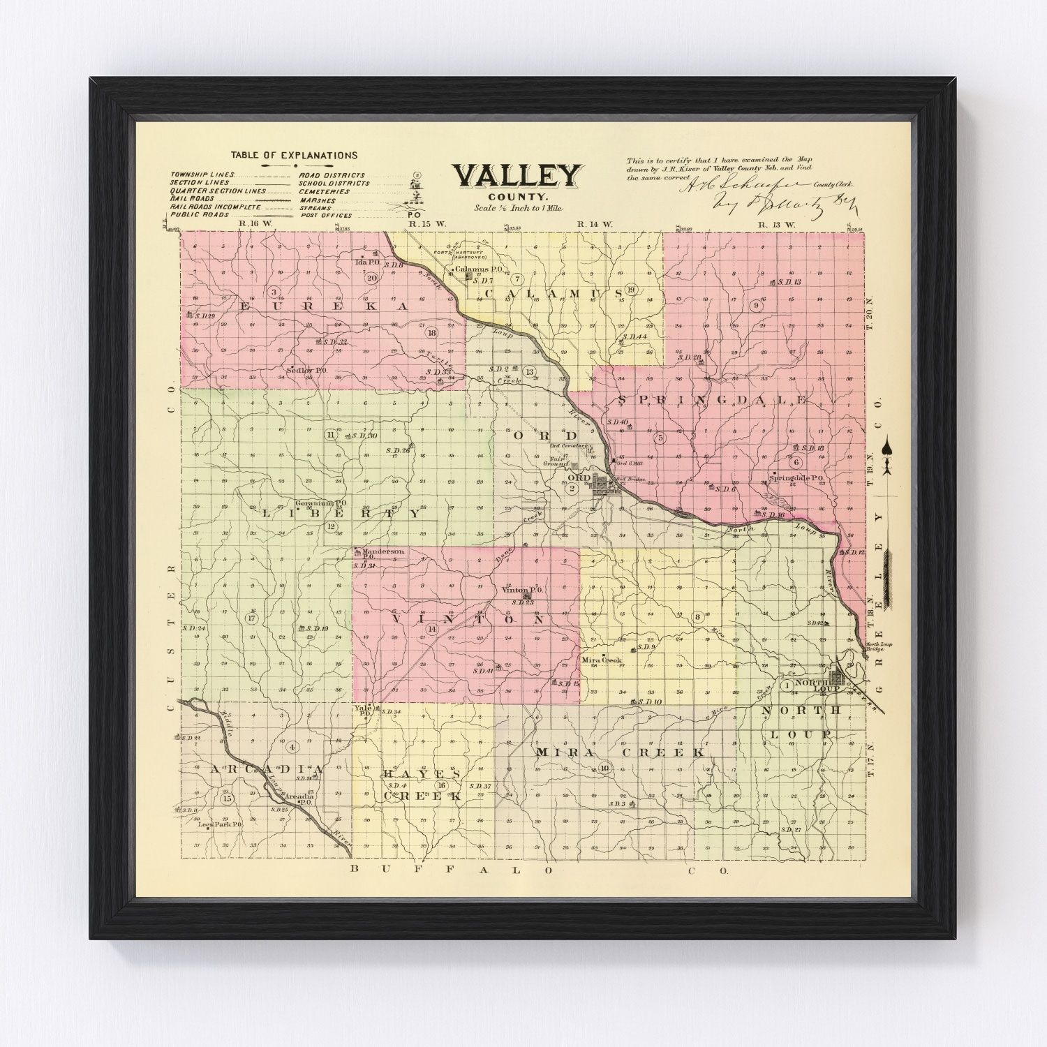 Vintage map of Valley County, Nebraska, 1885