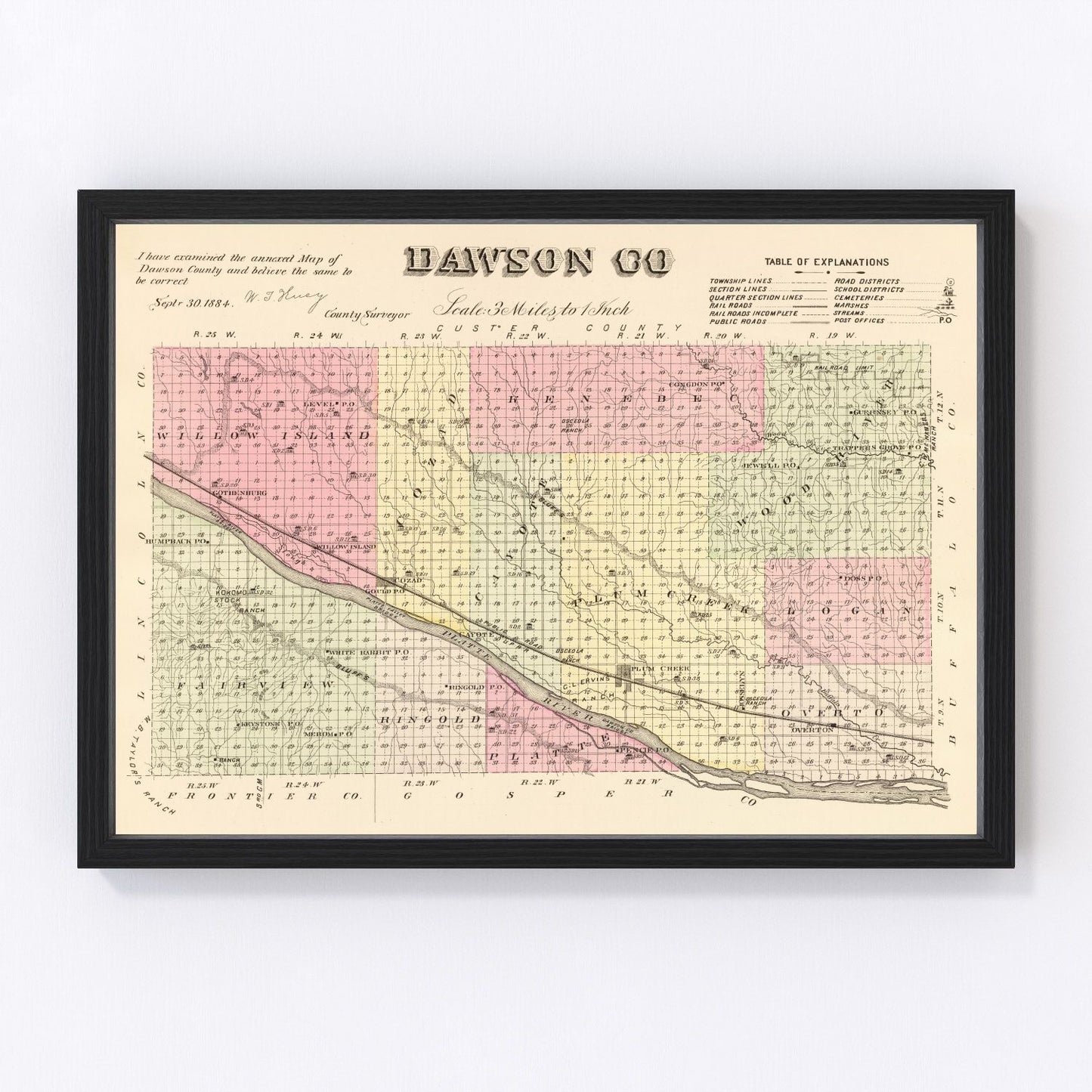 Vintage map of Dawson County, Nebraska, 1885