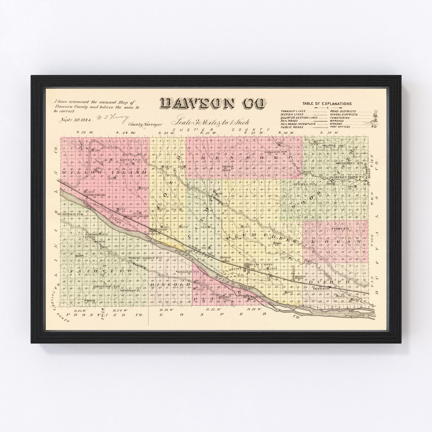 Vintage map of Dawson County, Nebraska, 1885
