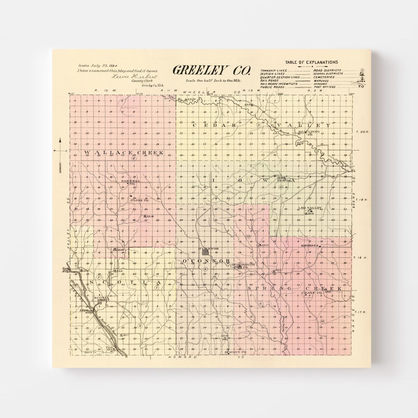 Vintage Map of Greeley County, Nebraska, 1885