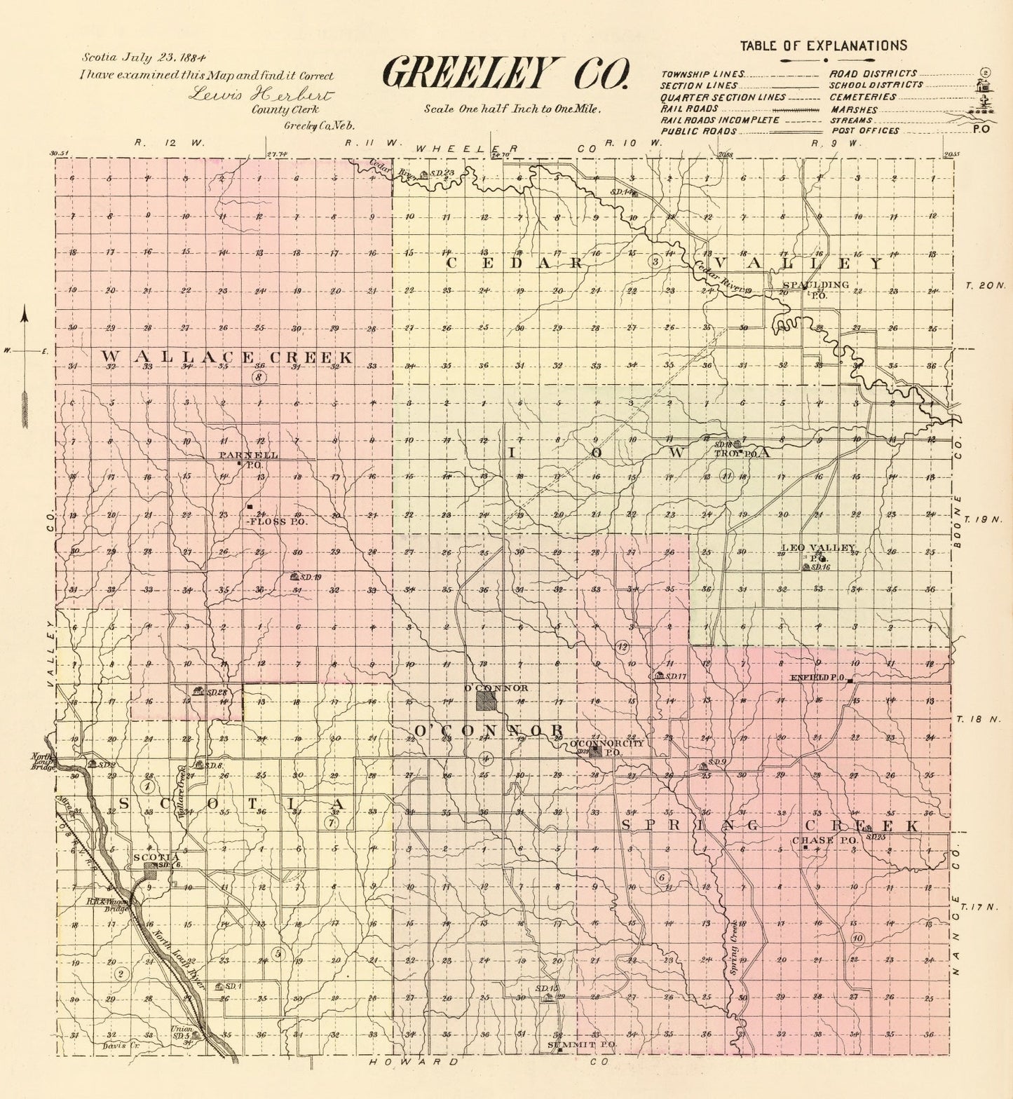 Vintage Map of Greeley County, Nebraska, 1885