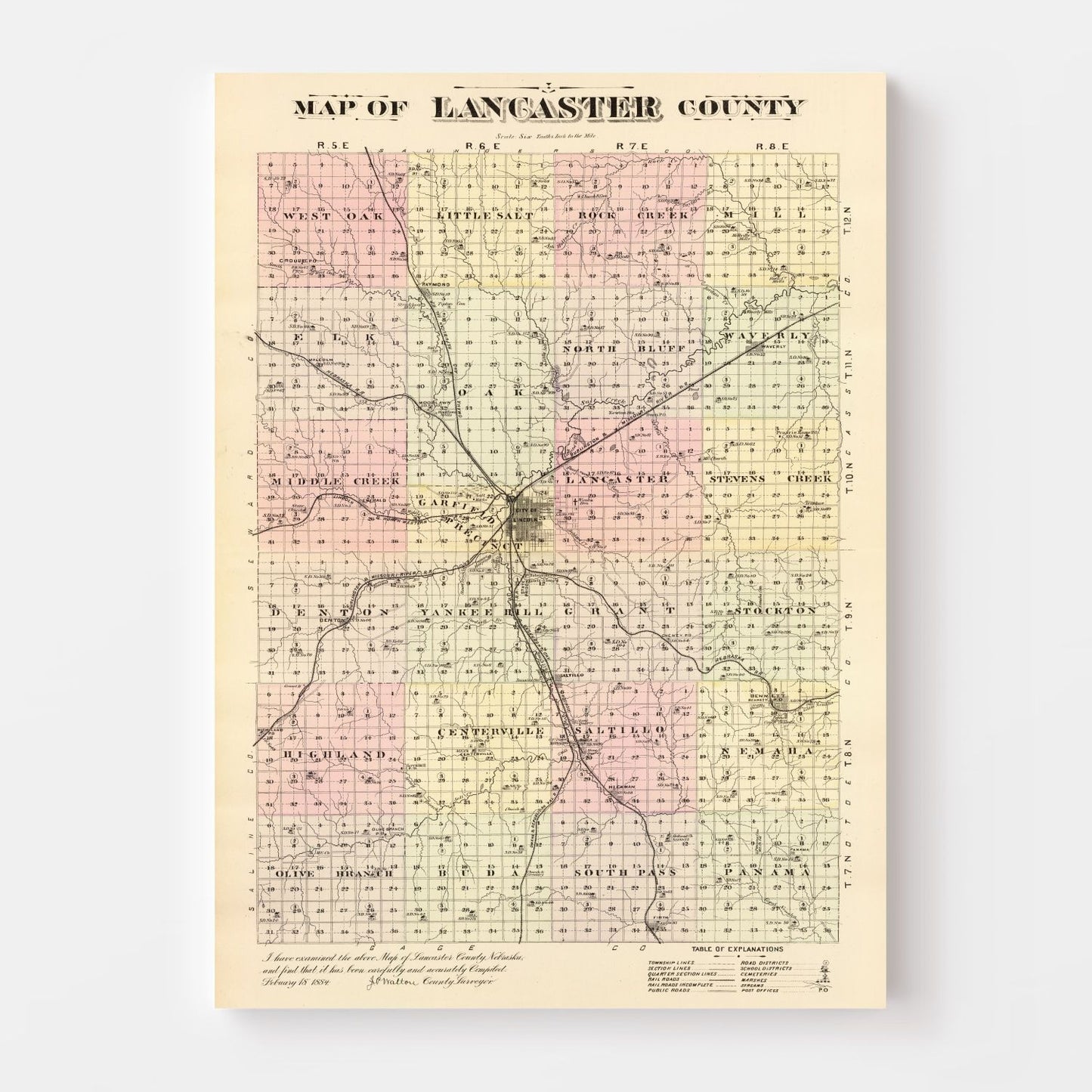 Vintage Map of Lancaster County, Nebraska, 1885