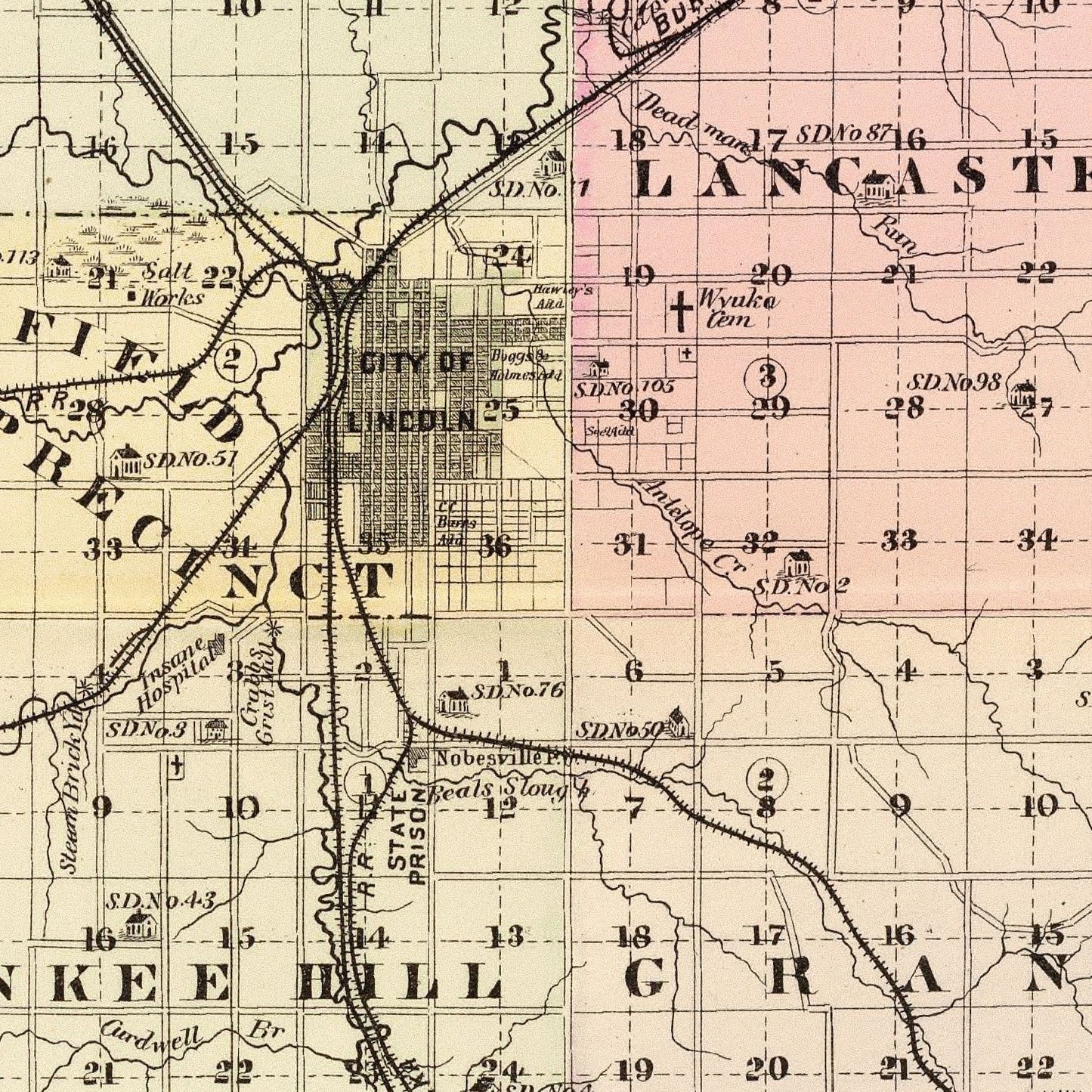 Vintage Map of Lancaster County, Nebraska, 1885