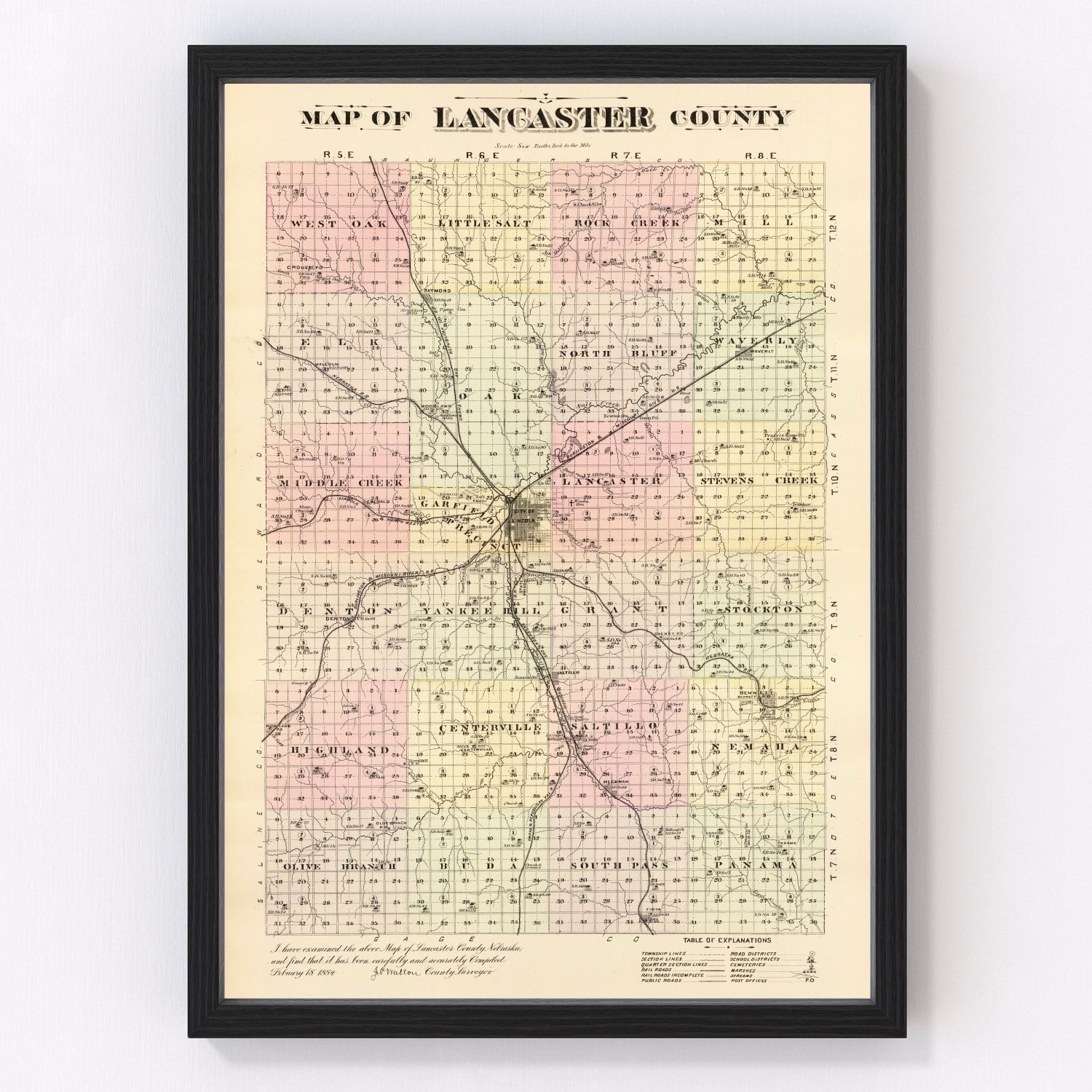 Vintage map of Lancaster County, Nebraska, 1885