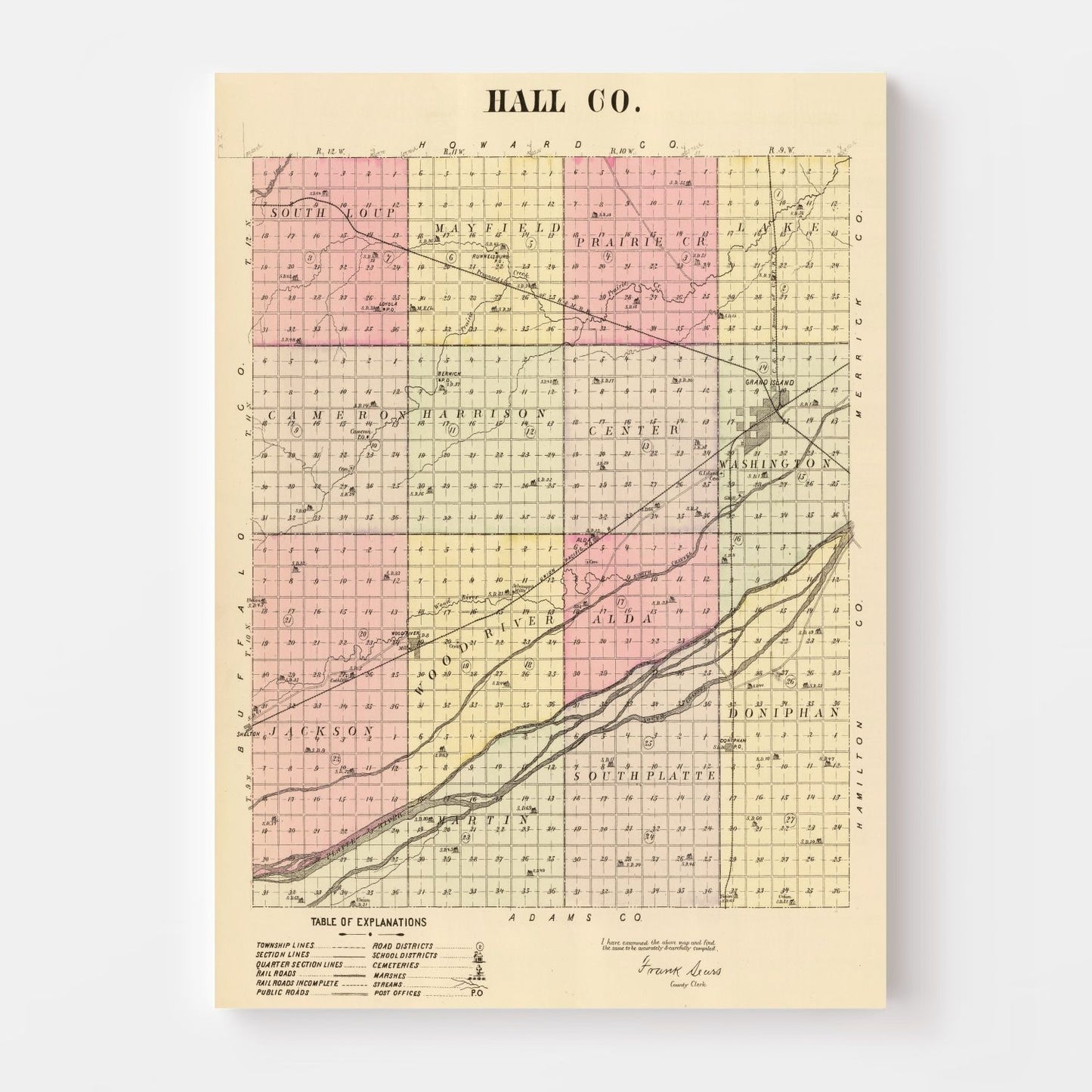 Vintage Map of Hall County, Nebraska, 1885