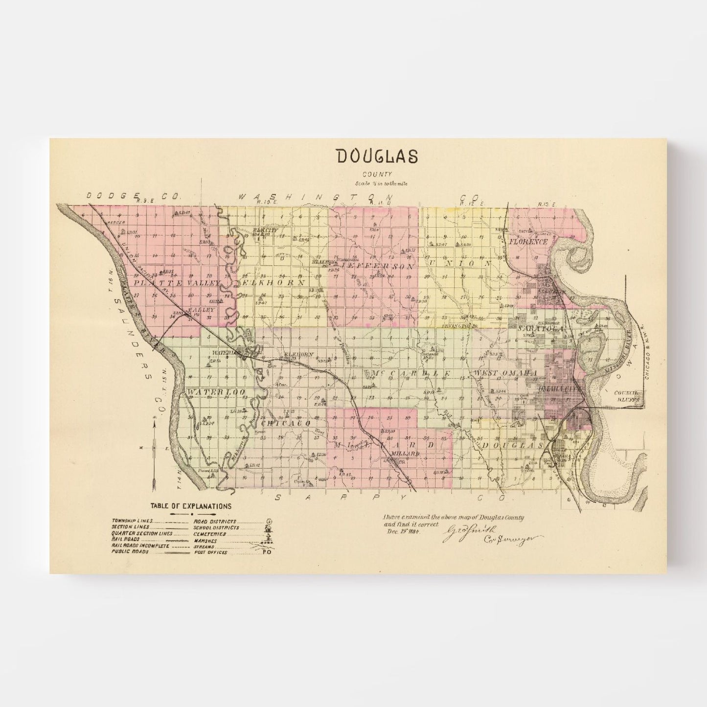 Vintage Map of Douglas County, Nebraska, 1885
