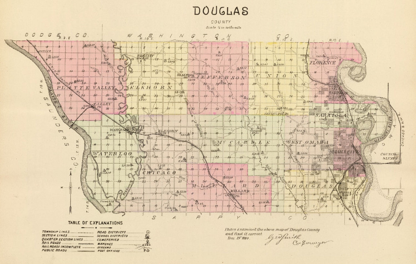 Vintage Map of Douglas County, Nebraska, 1885