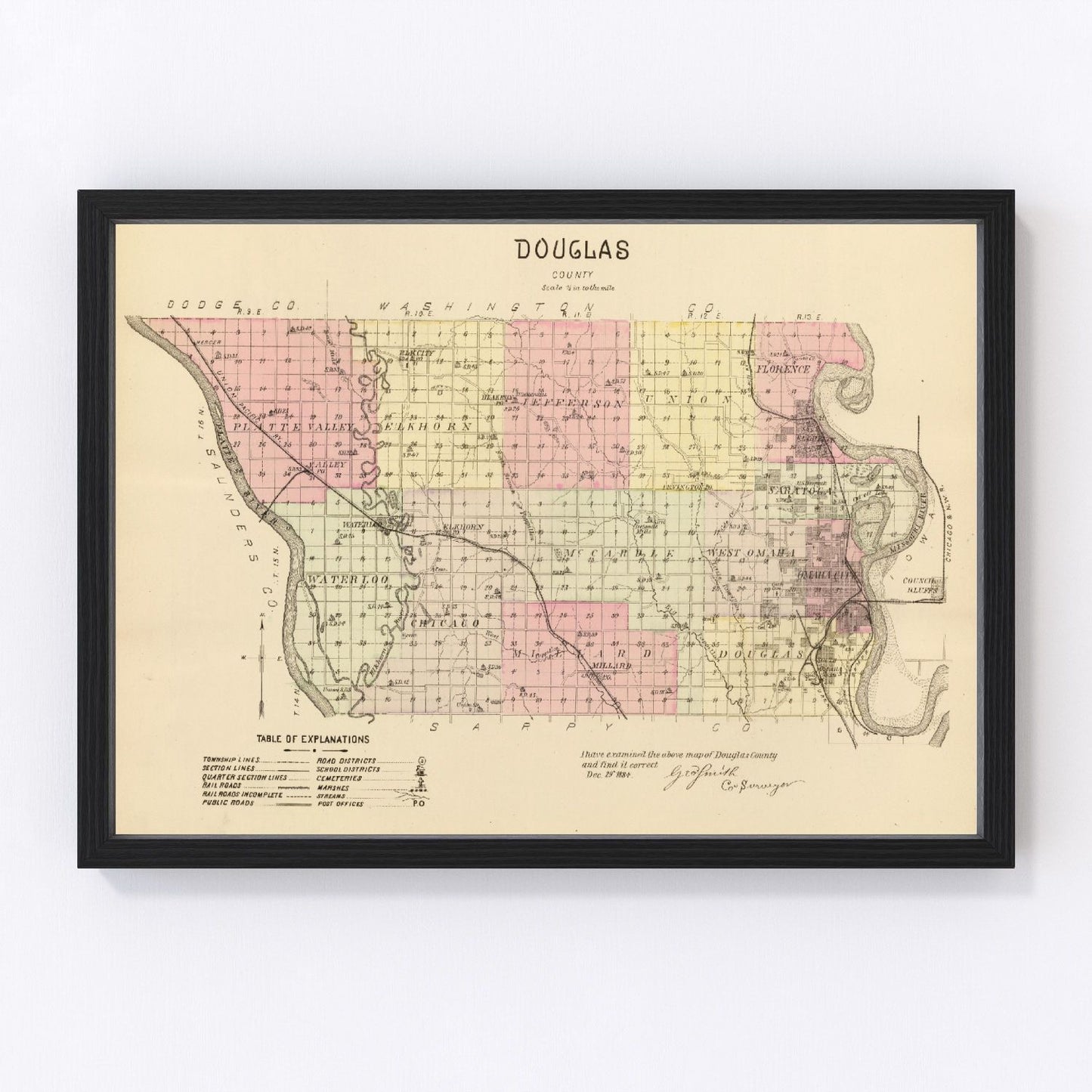 vintage map of Douglas County, Nebraska, 1885