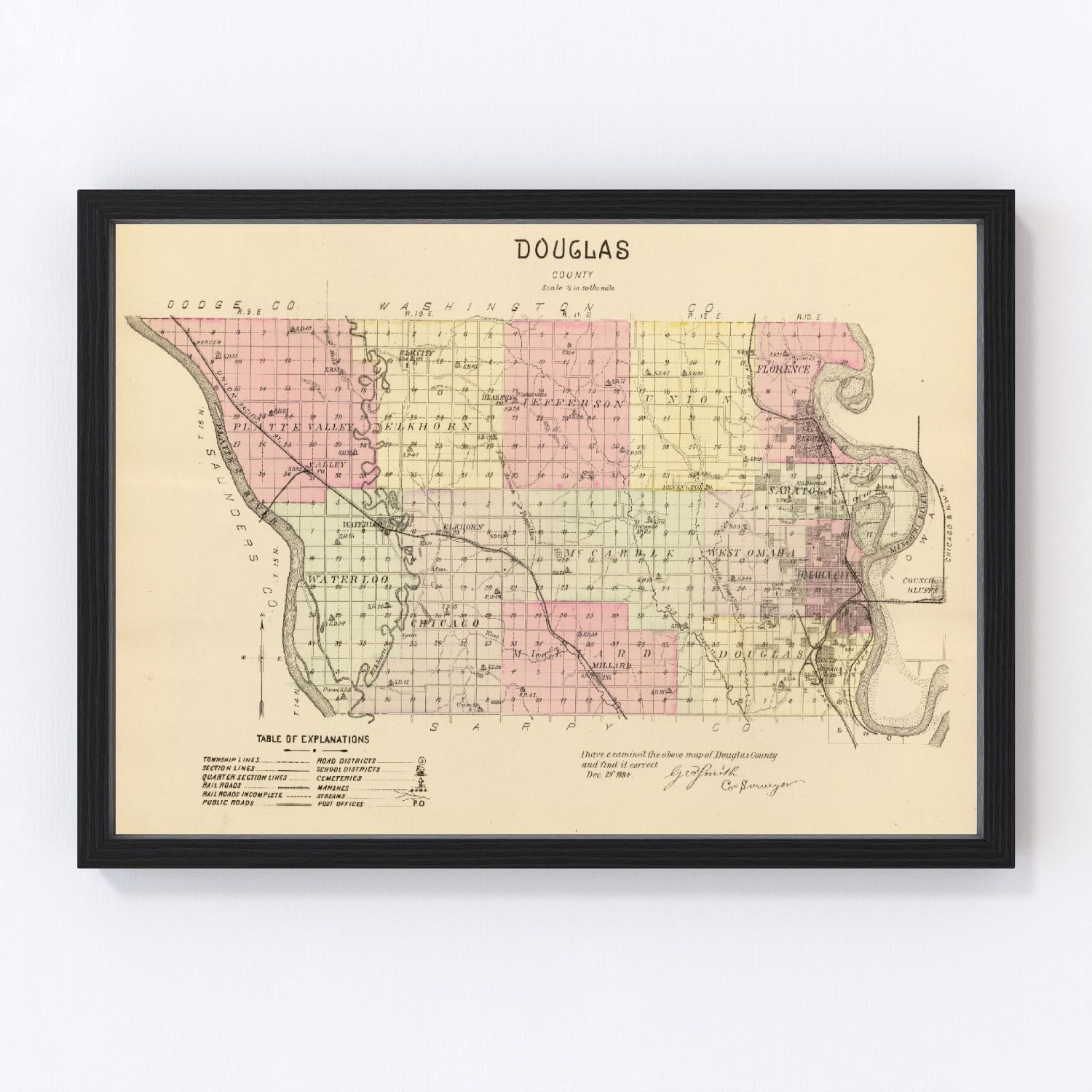 vintage map of Douglas County, Nebraska, 1885