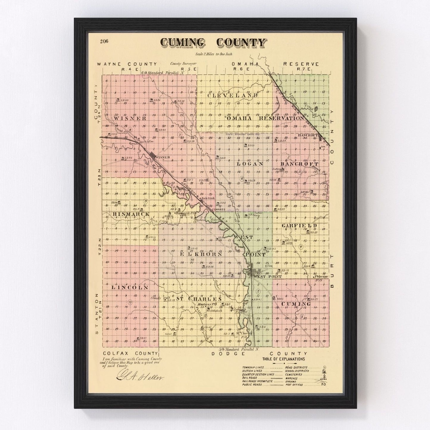 Vintage restored map of Cuming County, Nebraska, 1885, northeast Nebraska township detail