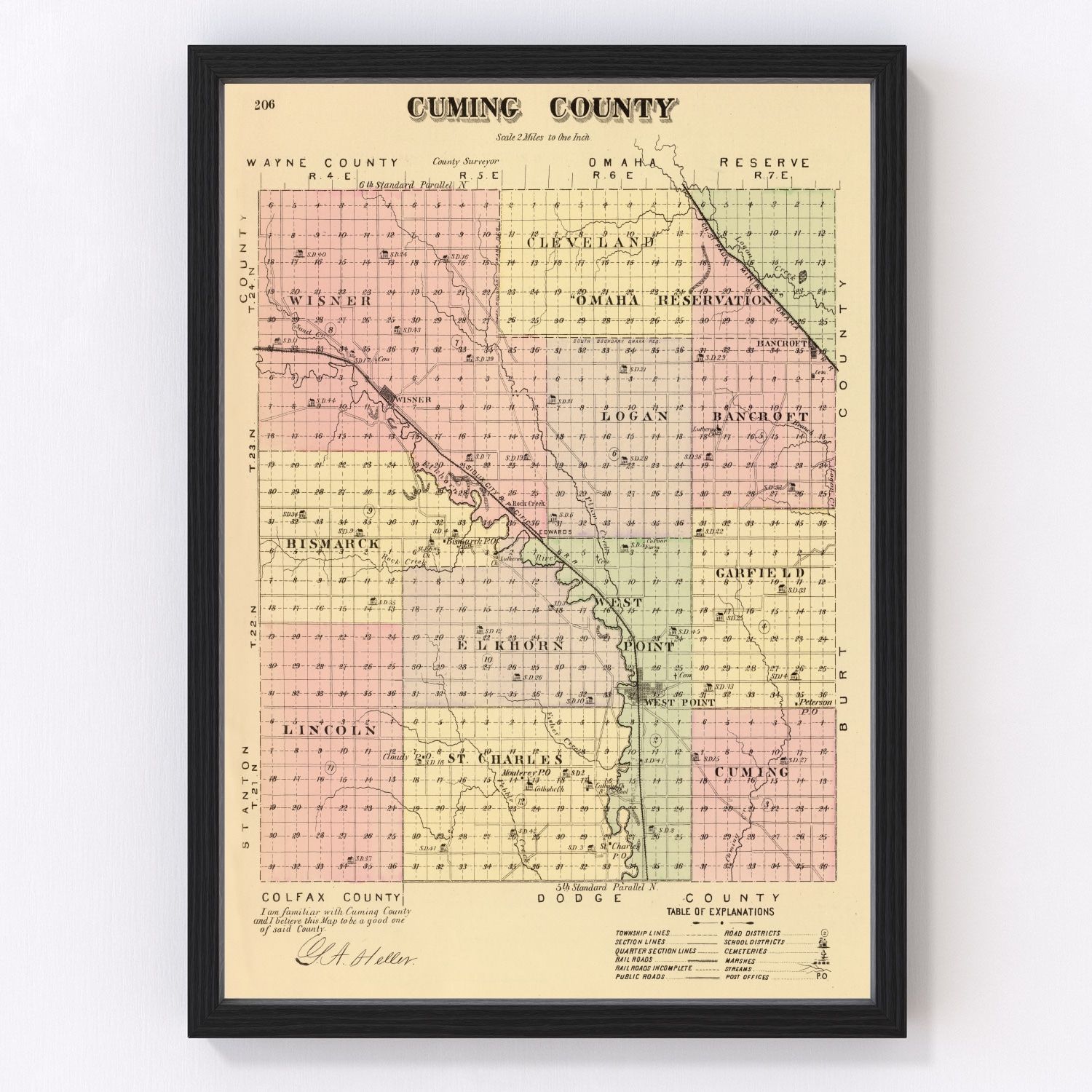 Vintage restored map of Cuming County, Nebraska, 1885, northeast Nebraska township detail
