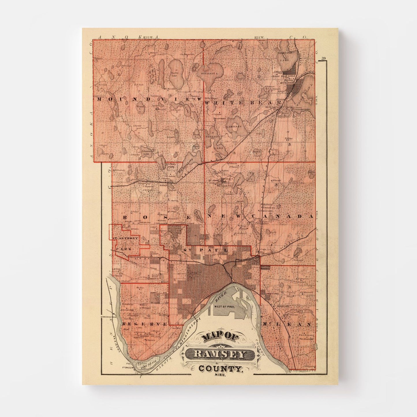Vintage Map of Ramsey County, Minnesota, 1874