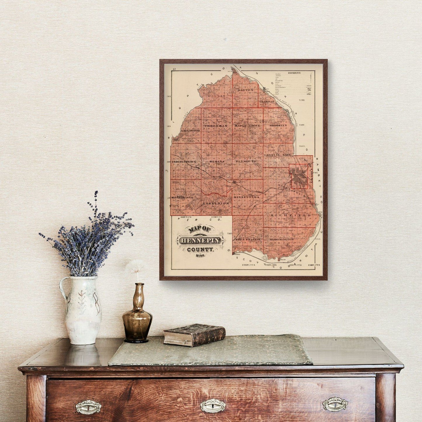 Vintage Map of Hennepin County, Minnesota, 1874