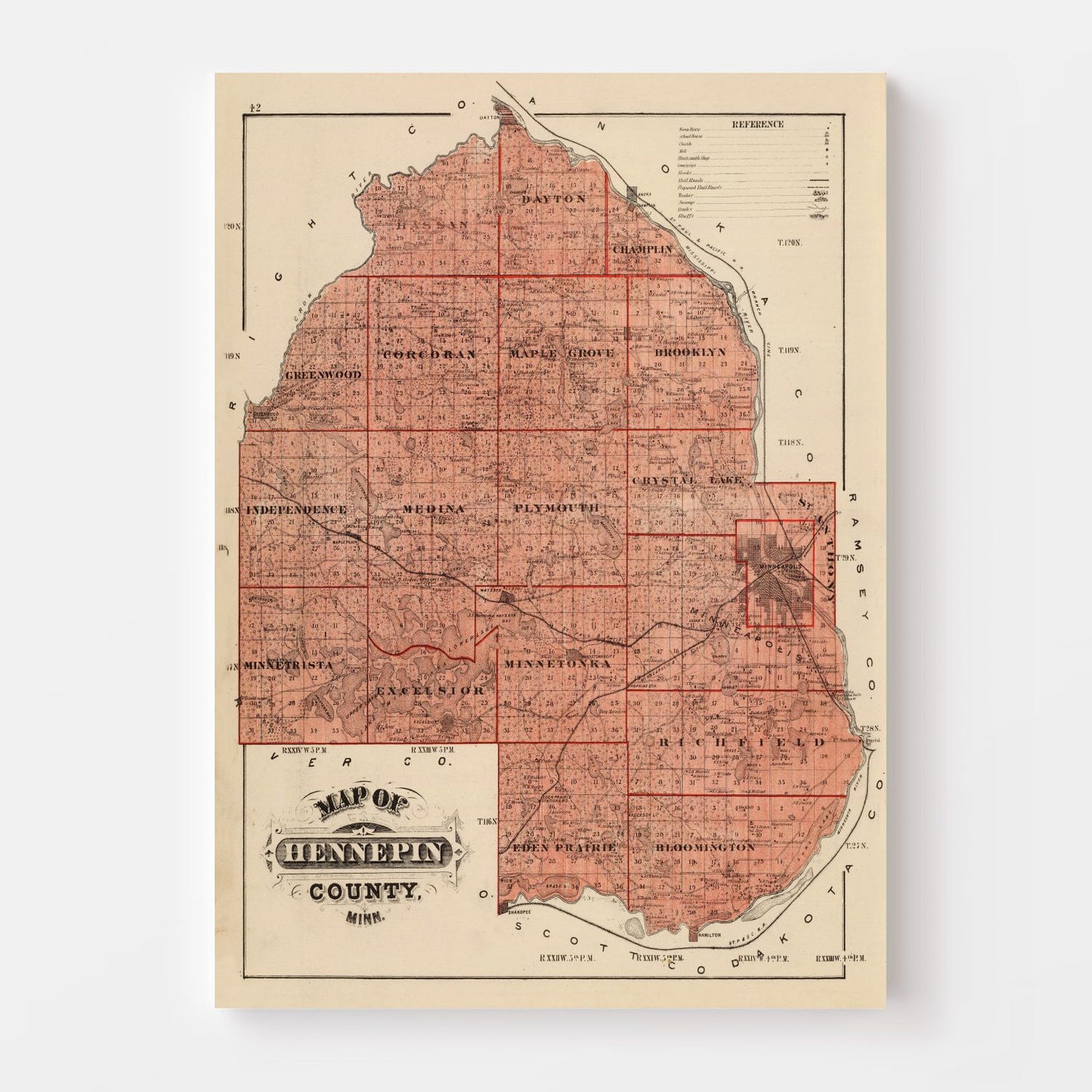 Vintage Map of Hennepin County, Minnesota, 1874