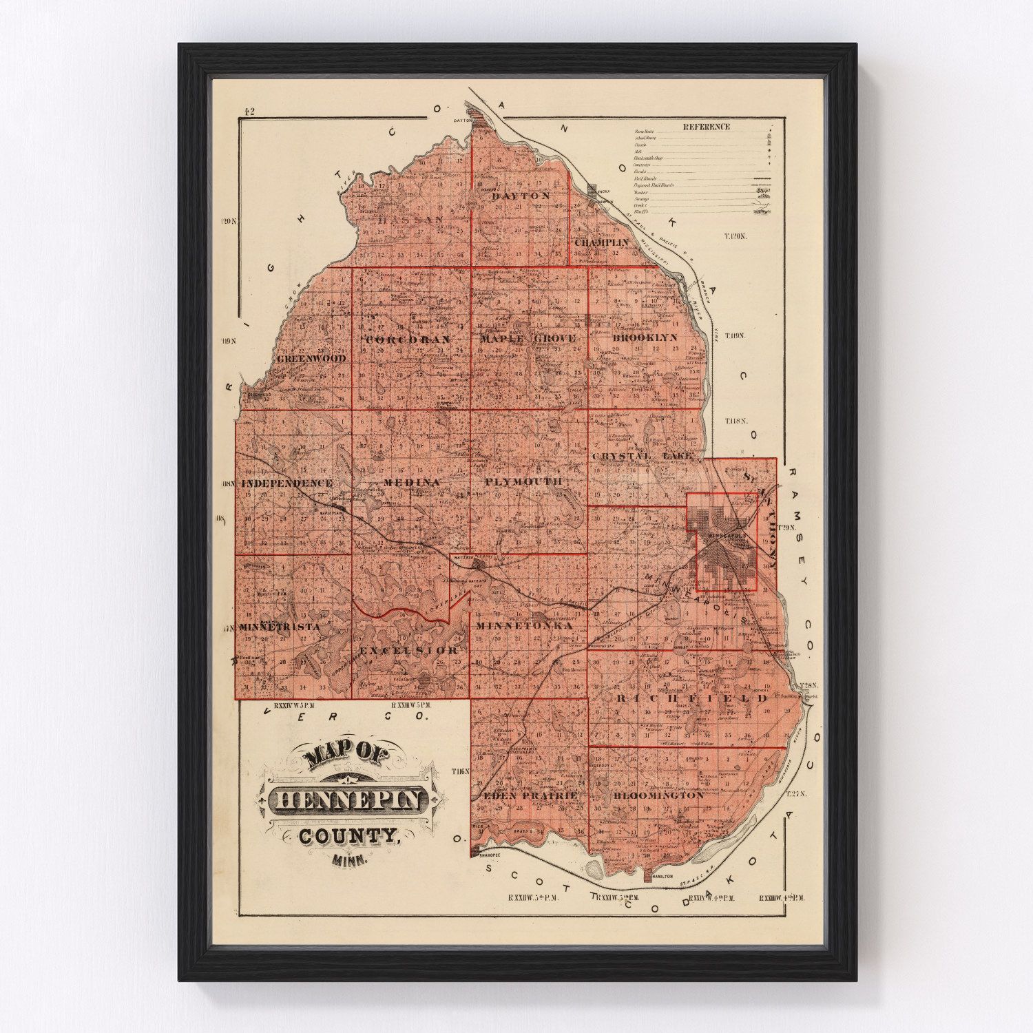 Vintage map of Hennepin County, Minnesota, 1874