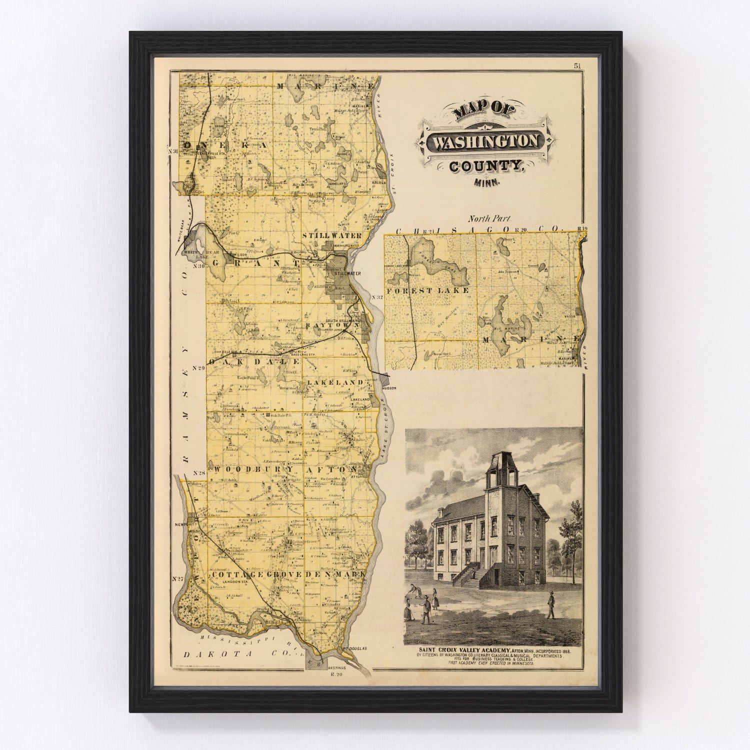 Vintage map of Washington County, Minnesota, 1874, showing early settlements and river access