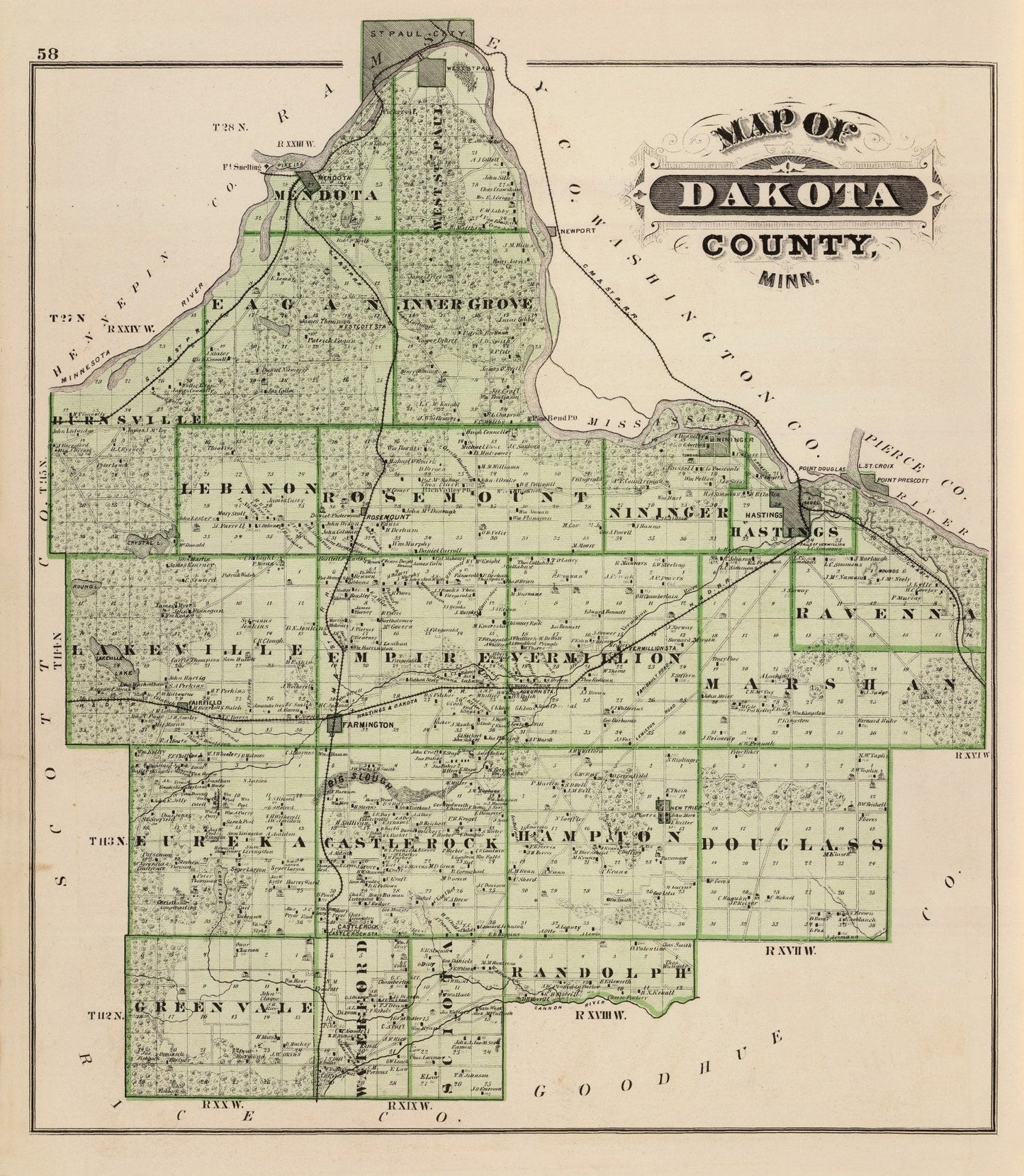 Vintage Map of Dakota County, Minnesota 1874