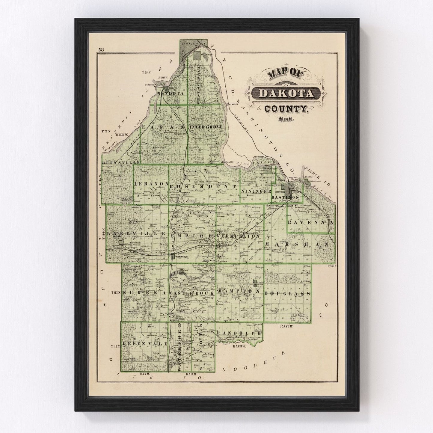 Vintage map of Dakota County, Minnesota, 1874