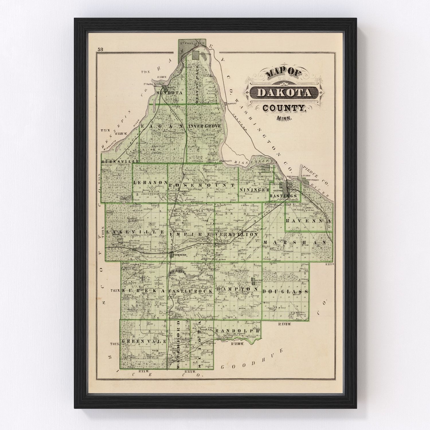 Vintage map of Dakota County, Minnesota, 1874