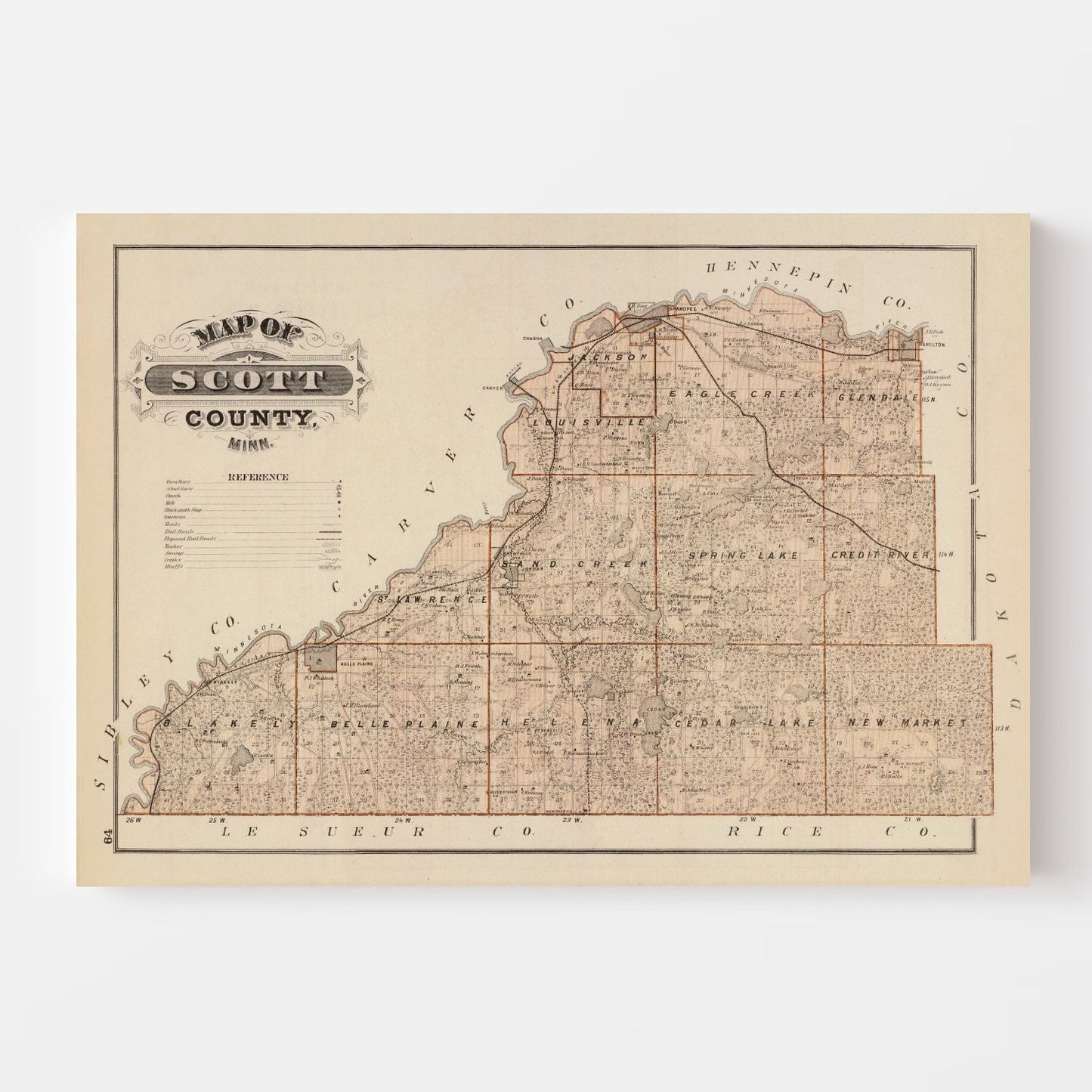 Vintage Map of Scott County, Minnesota, 1874