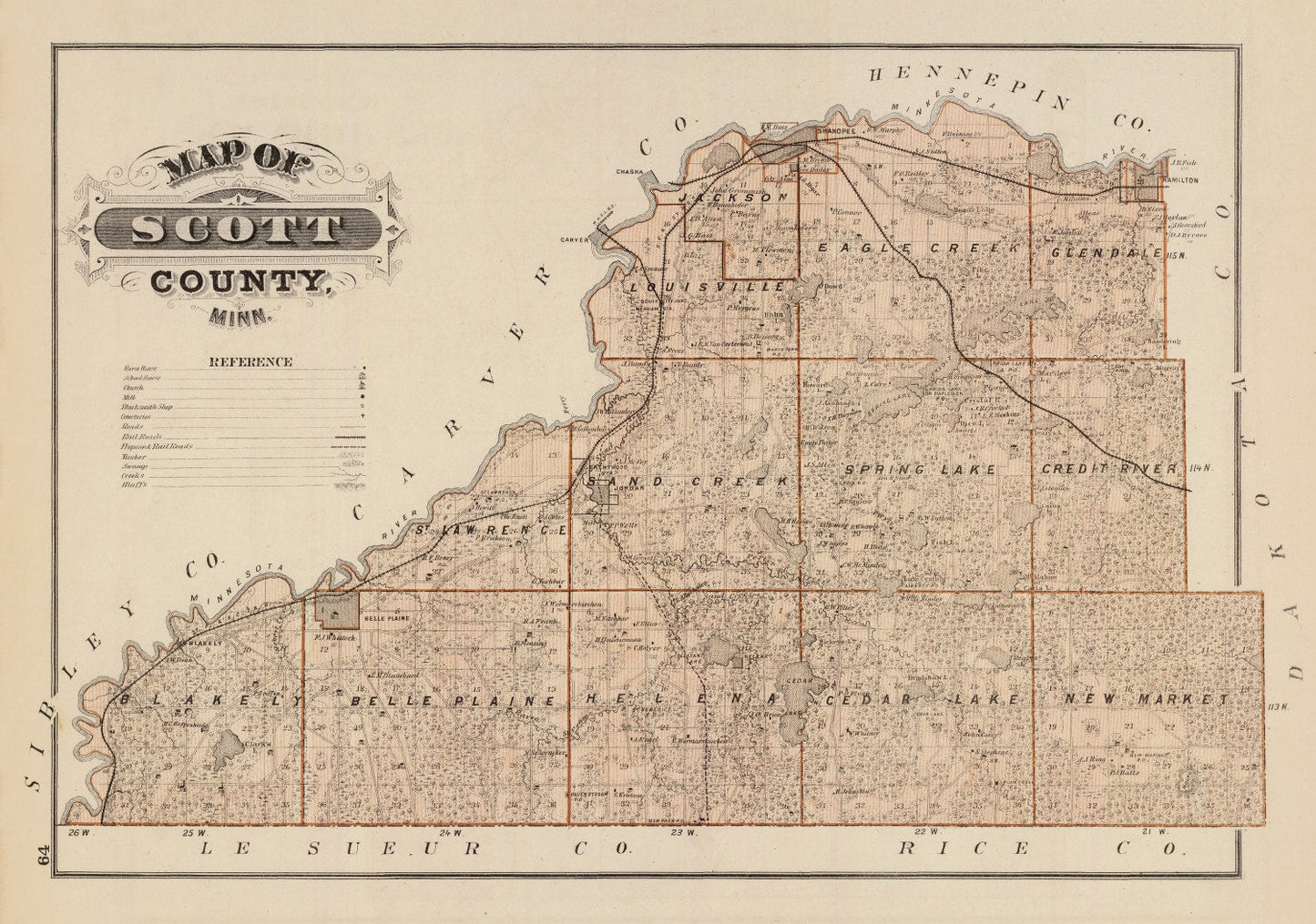 Vintage Map of Scott County, Minnesota, 1874