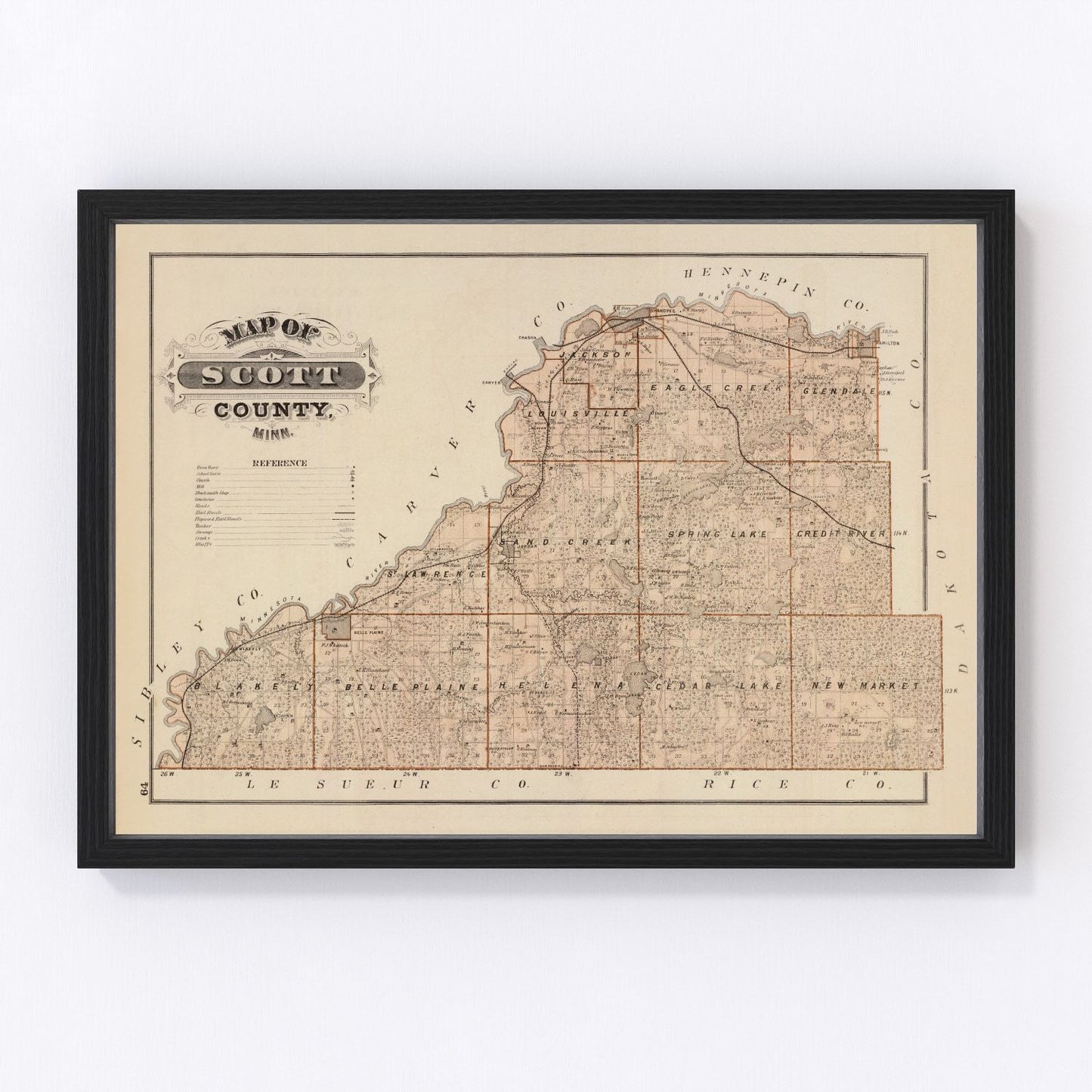 vintage map of Scott County, Minnesota, 1874