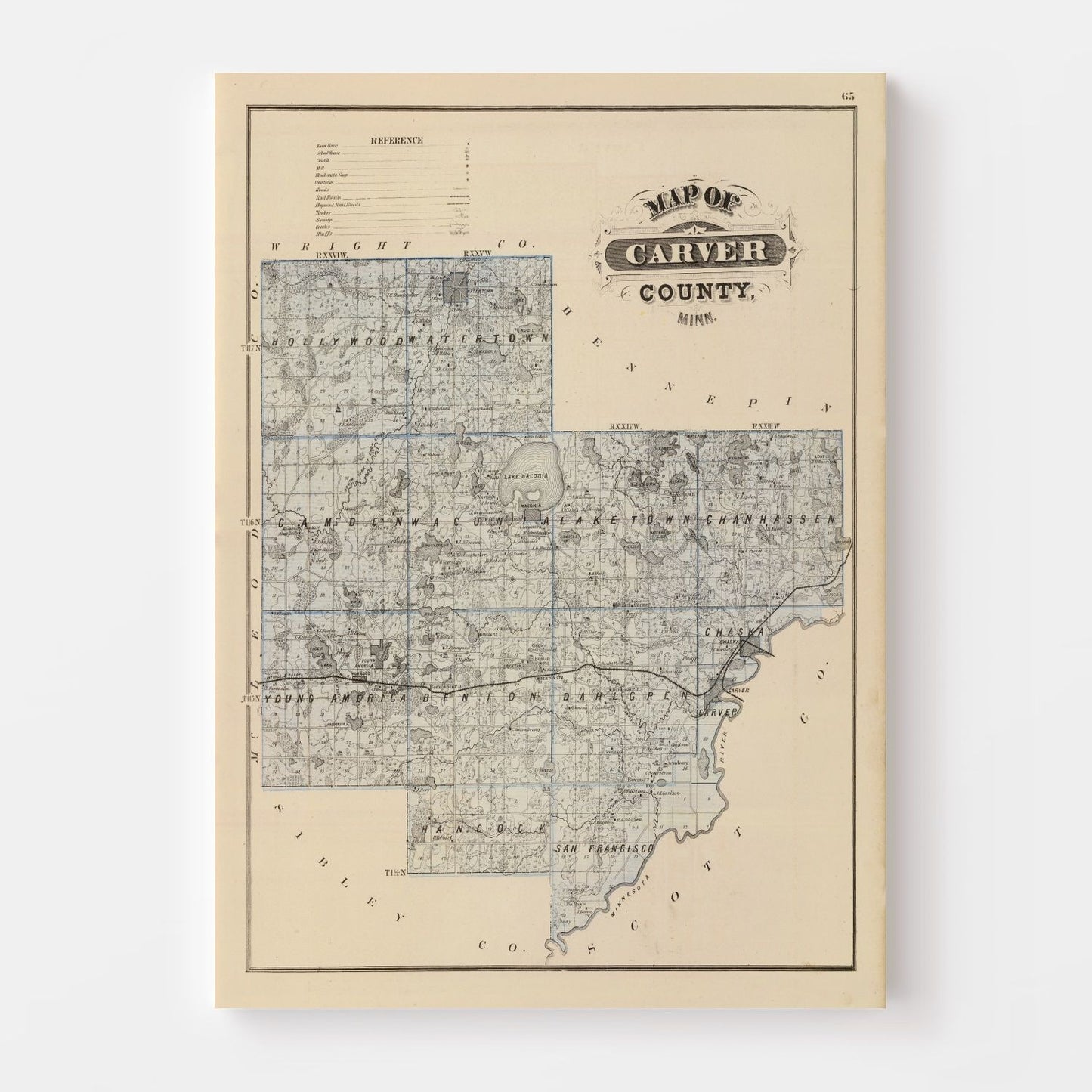 Vintage Map of Carver County, Minnesota, 1874