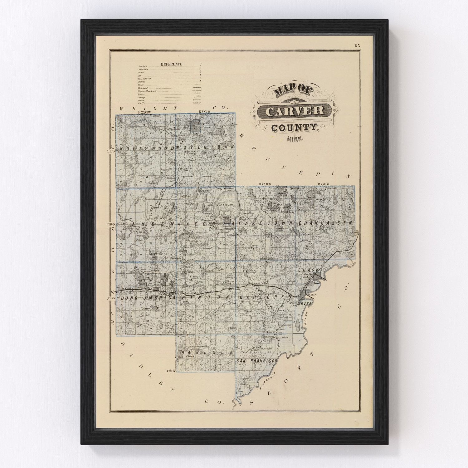 Vintage map of Carver County, Minnesota, 1874, restored vintage wall art print