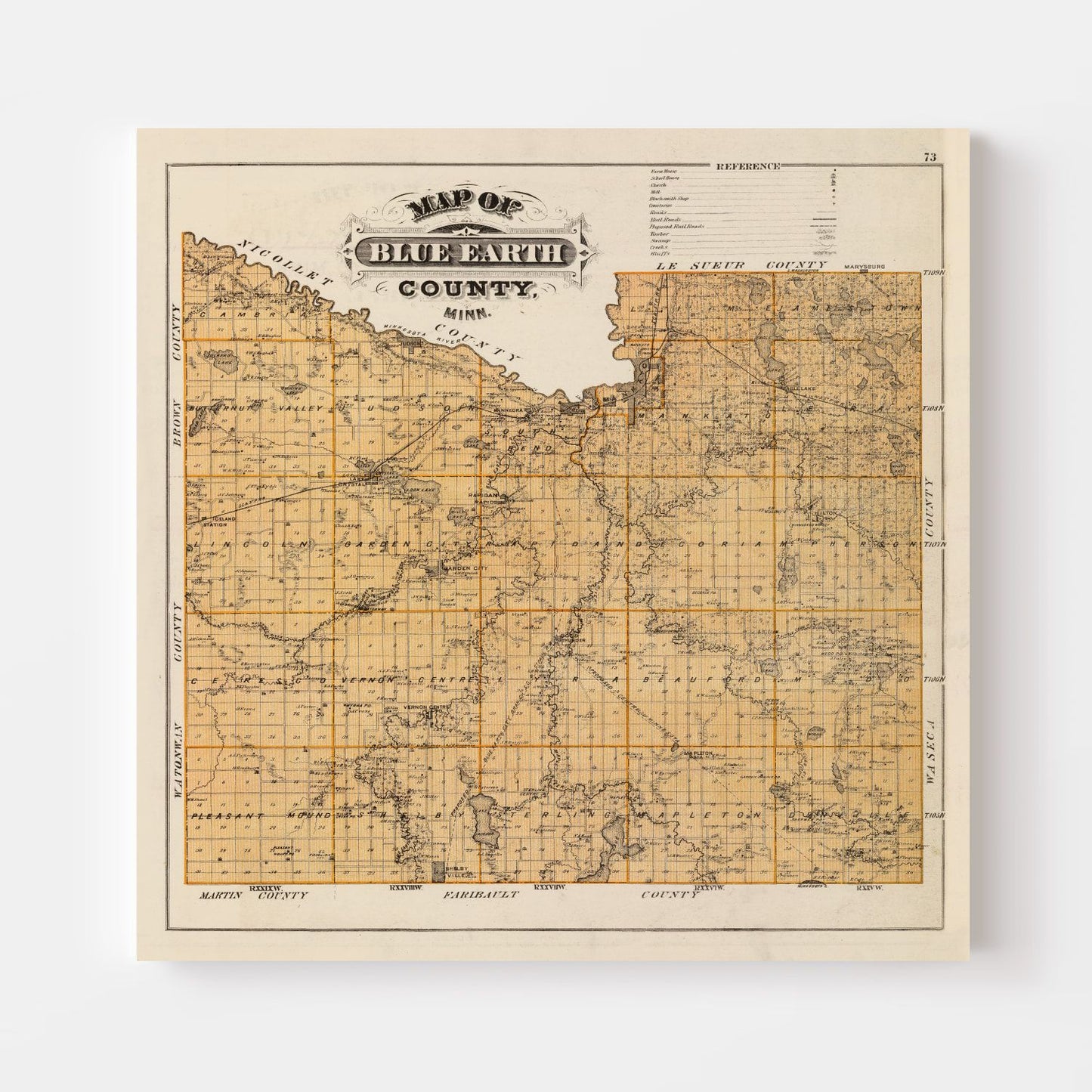 Vintage Map of Blue Earth County, Minnesota, 1874