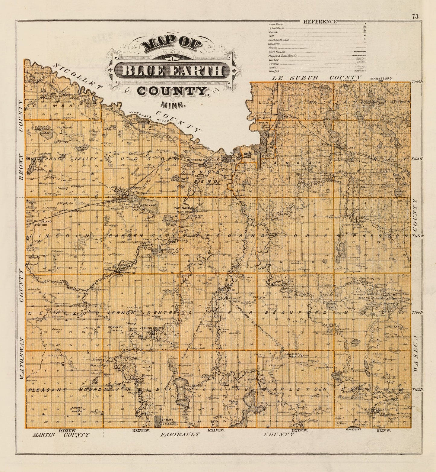 Vintage Map of Blue Earth County, Minnesota, 1874