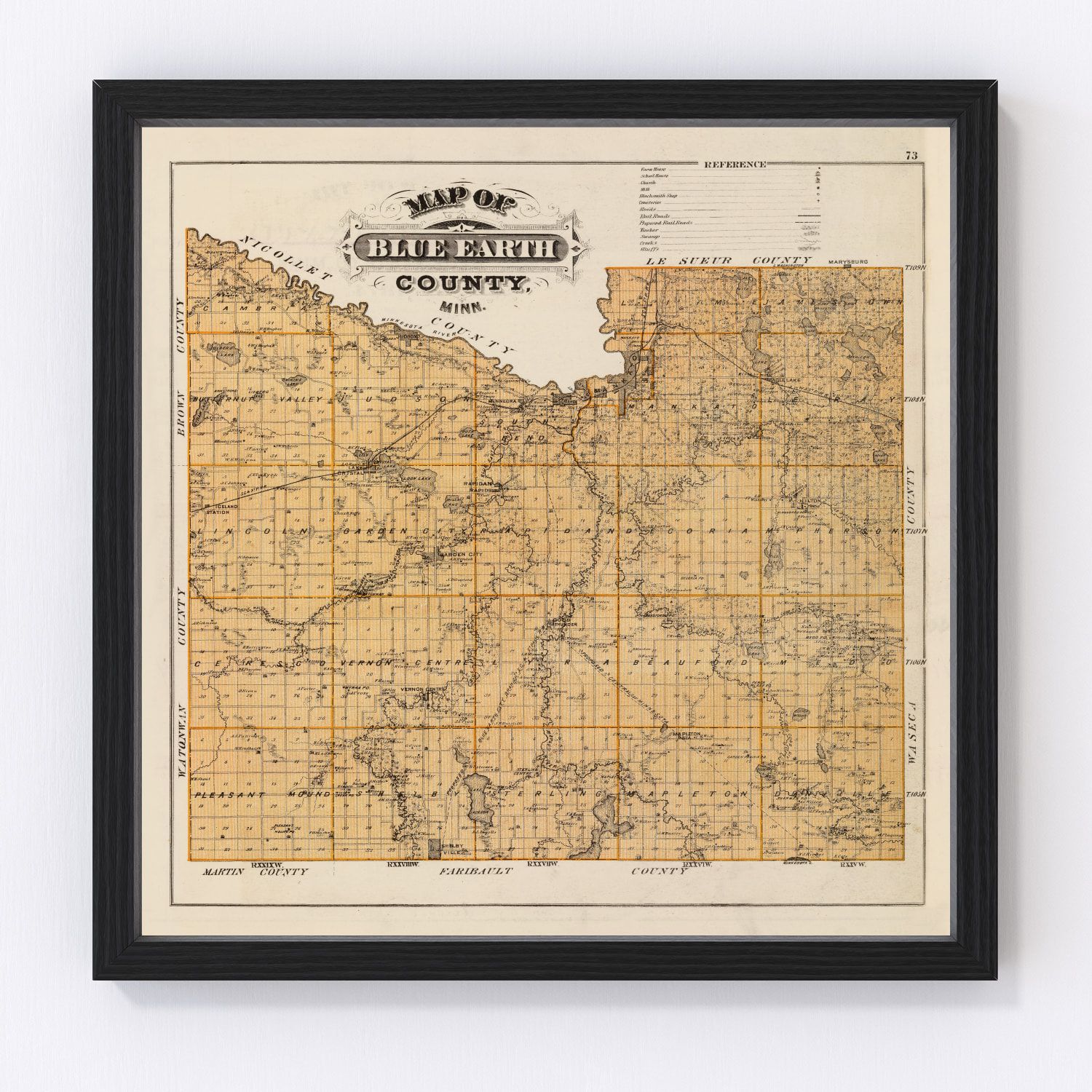 Vintage map of Blue Earth County, Minnesota, 1874