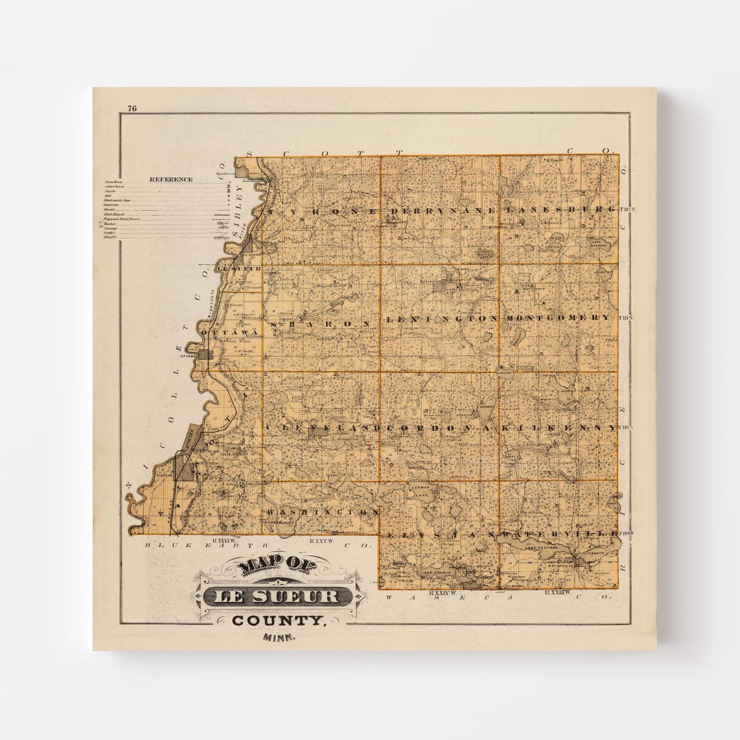 Vintage Map of Le Sueur County, Minnesota, 1874