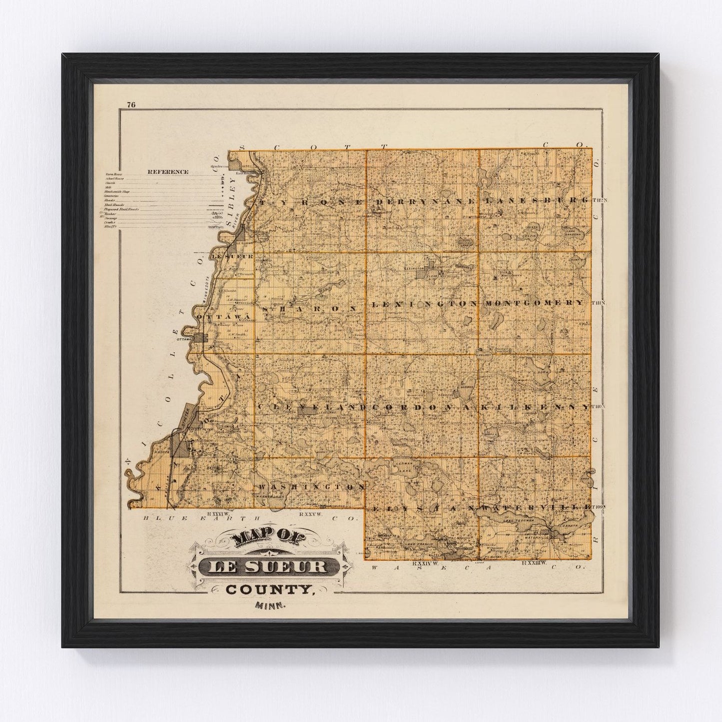 Vintage map of Le Sueur County, Minnesota, 1874