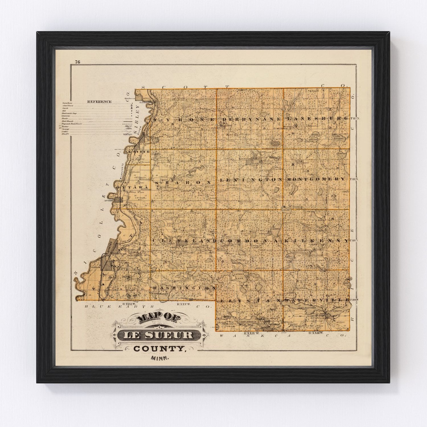 Vintage map of Le Sueur County, Minnesota, 1874