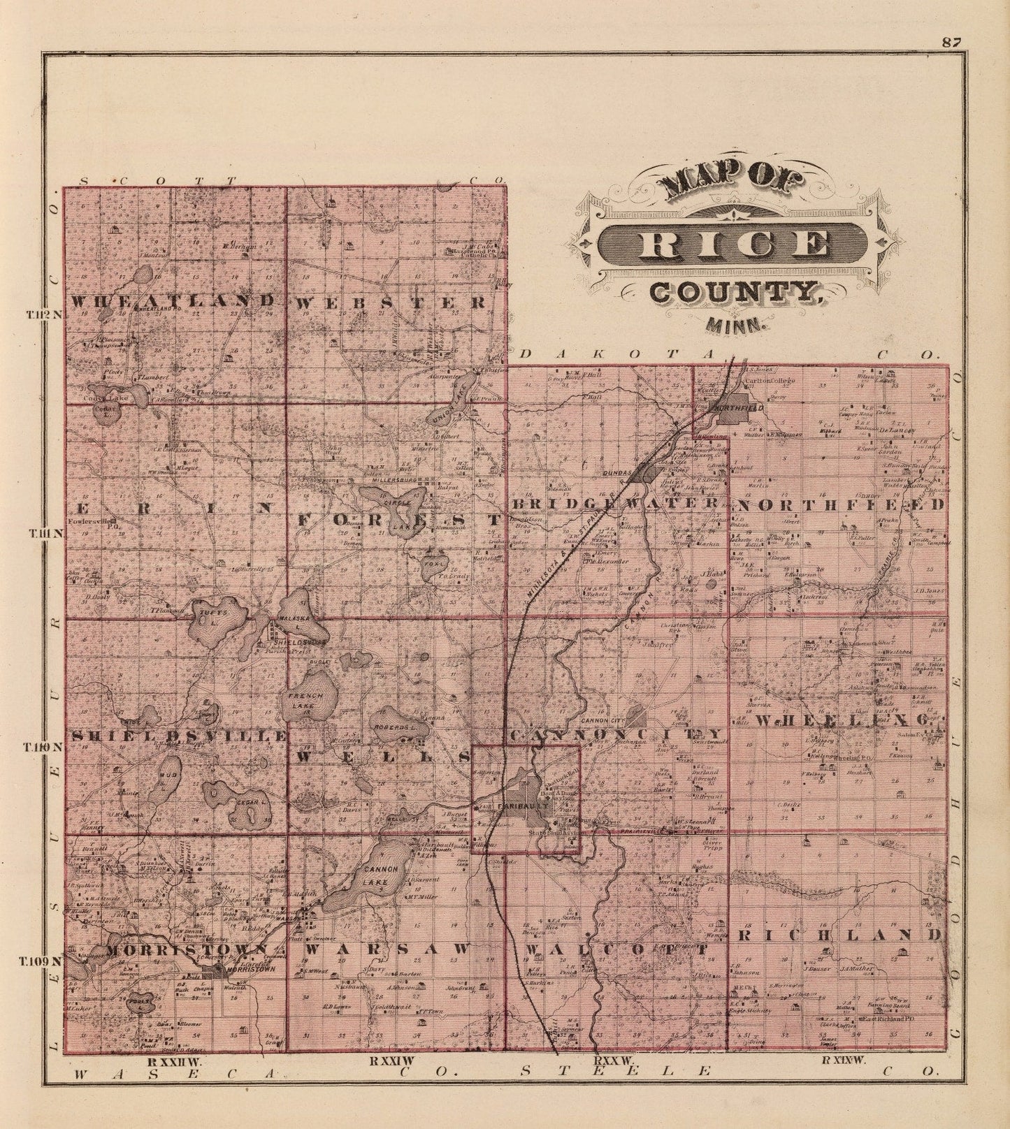 Vintage Map of Rice County, Minnesota, 1874