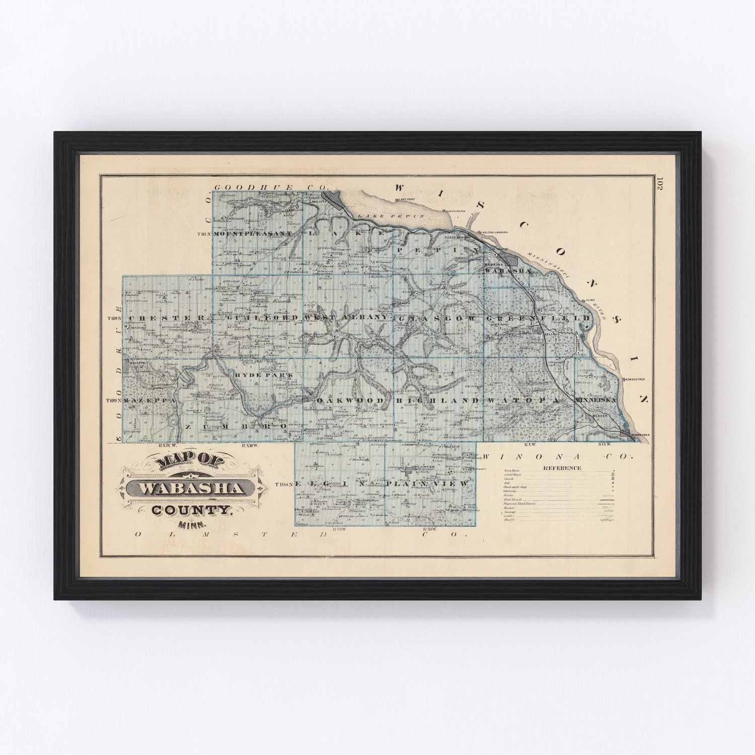 Vintage map of Wabasha County, Minnesota, 1874, digitally restored