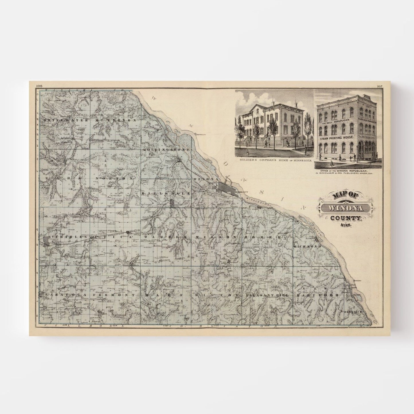 Vintage Map of Winona County, Minnesota 1874 Edition A