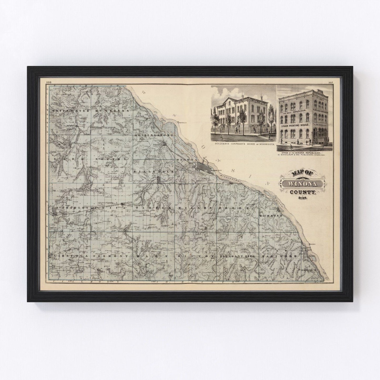 Vintage map of Winona County, Minnesota, 1874, digitally restored