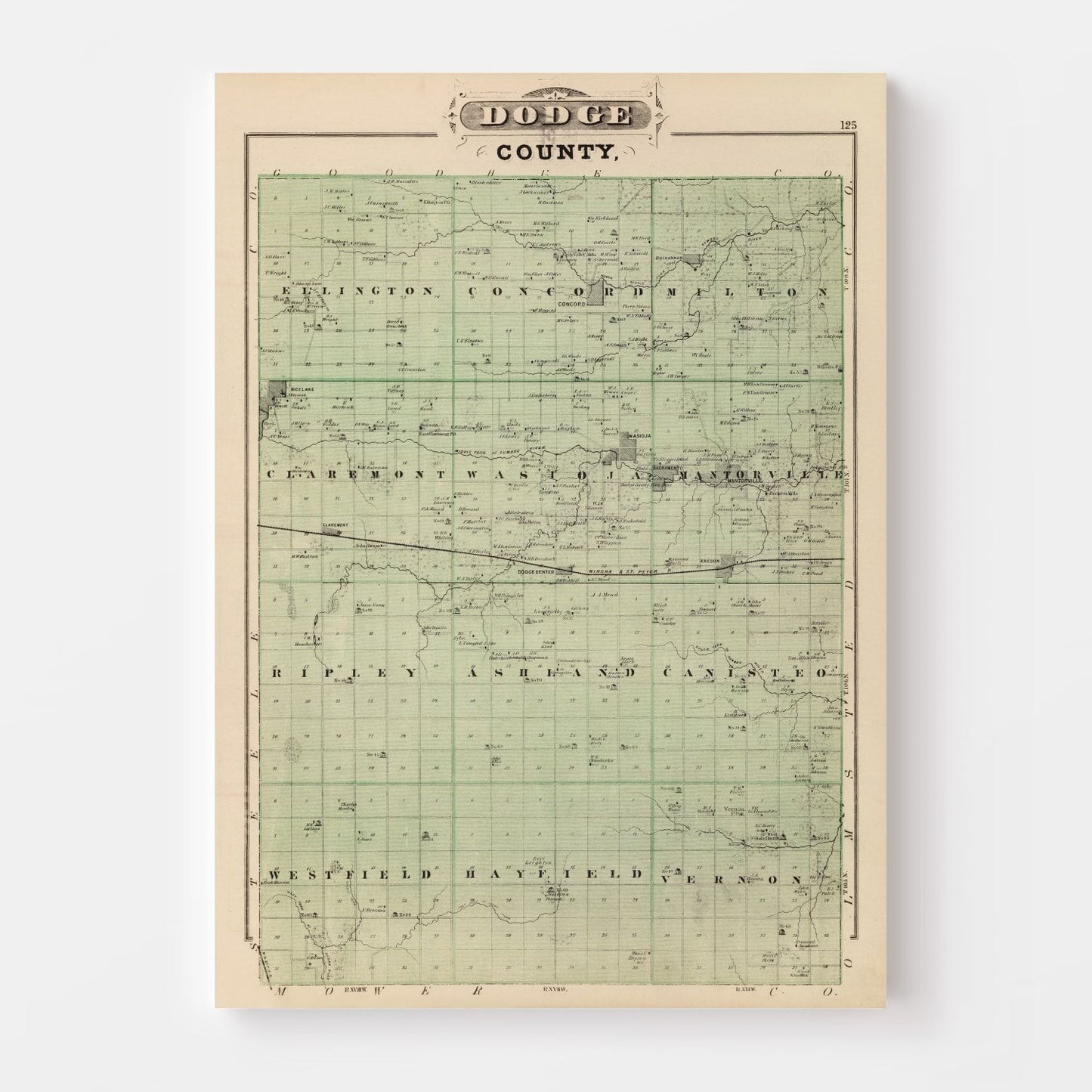 Vintage Map of Dodge County, Minnesota, 1874