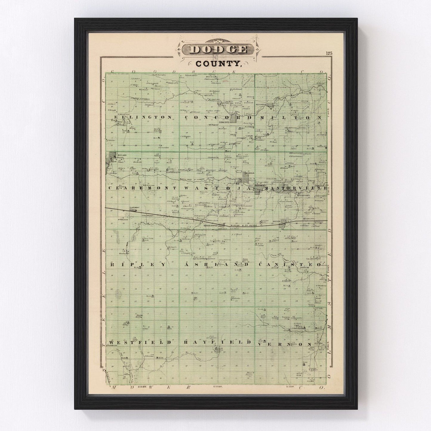 Vintage map of Dodge County, Minnesota, 1874