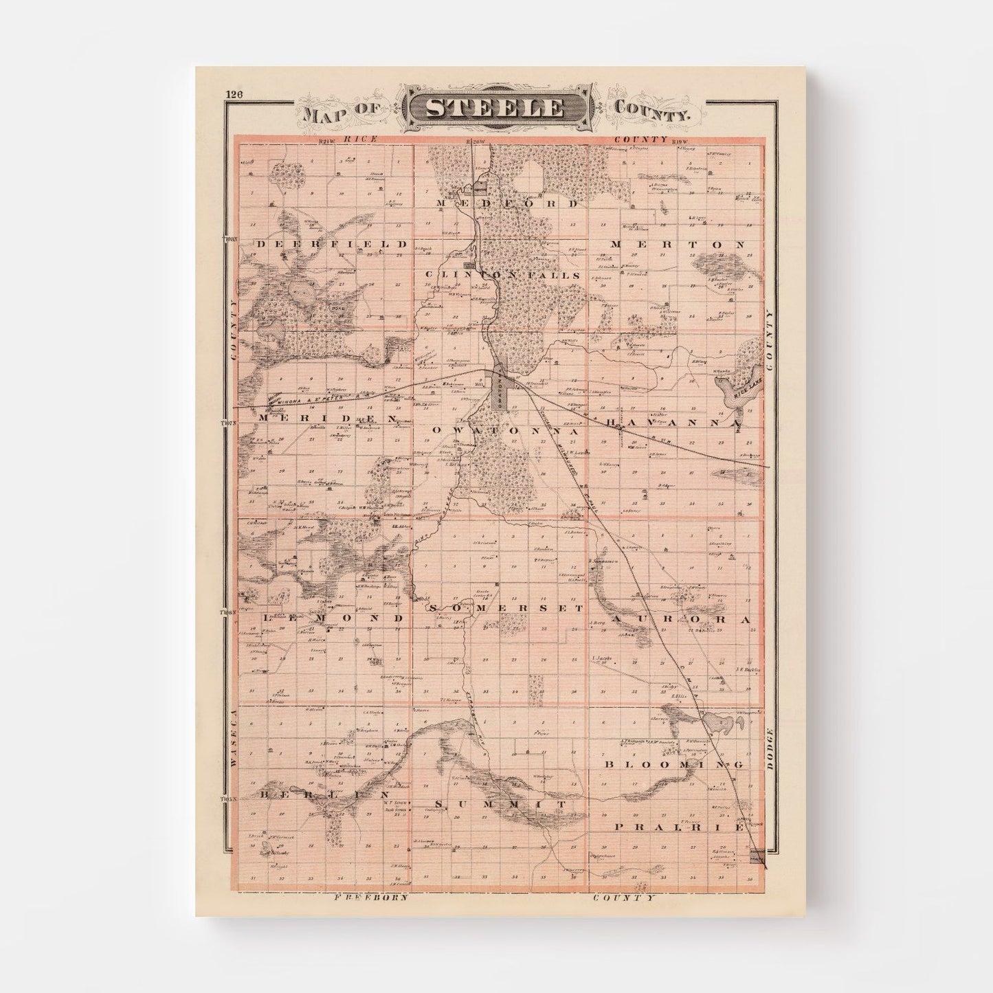 Vintage Map of Steele County, Minnesota, 1874
