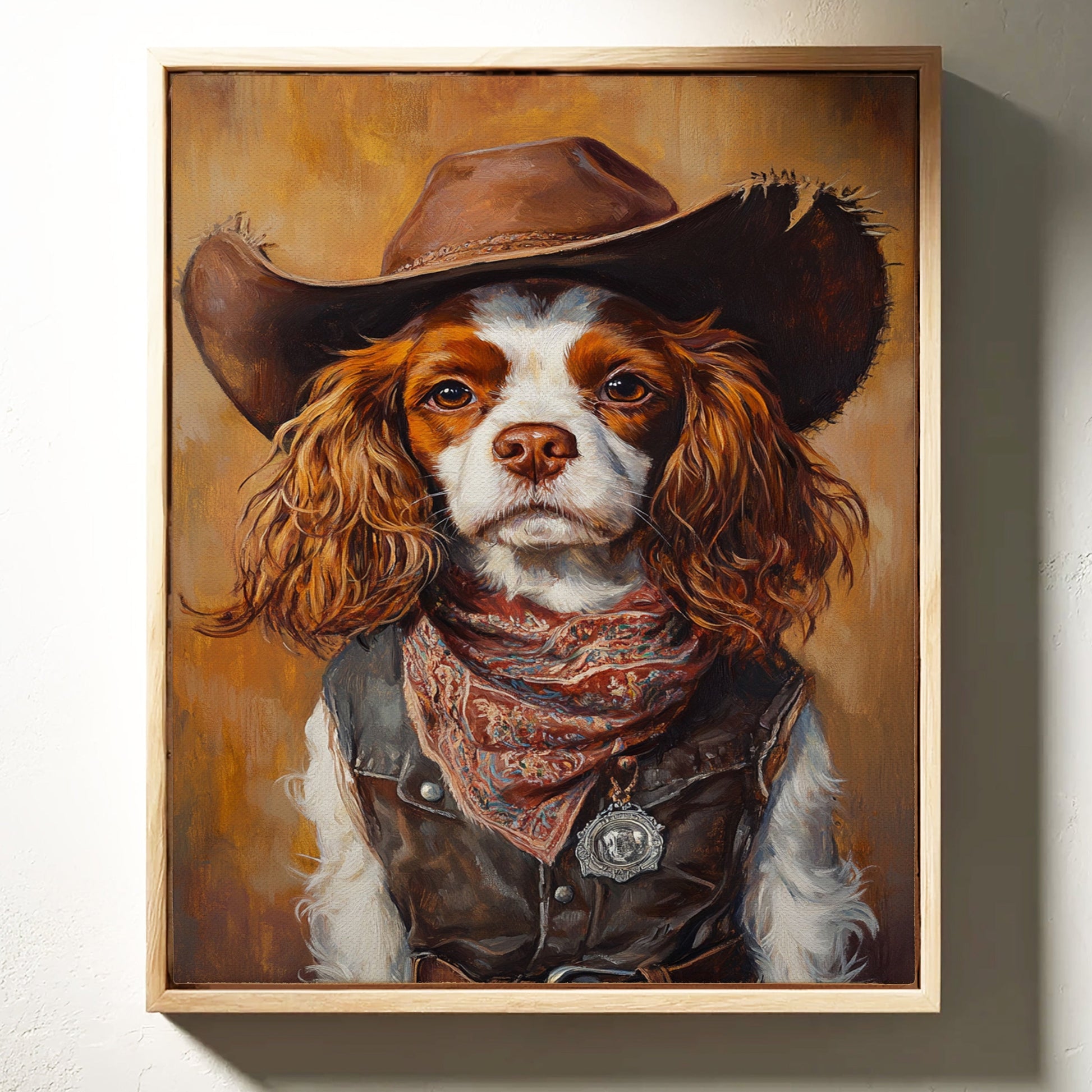 Western Cavalier spaniel cowgirl dog art print