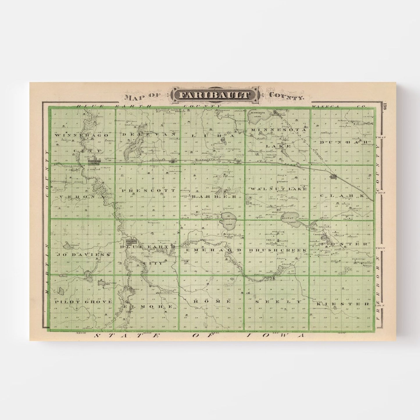 Vintage Map of Faribault County, Minnesota, 1874