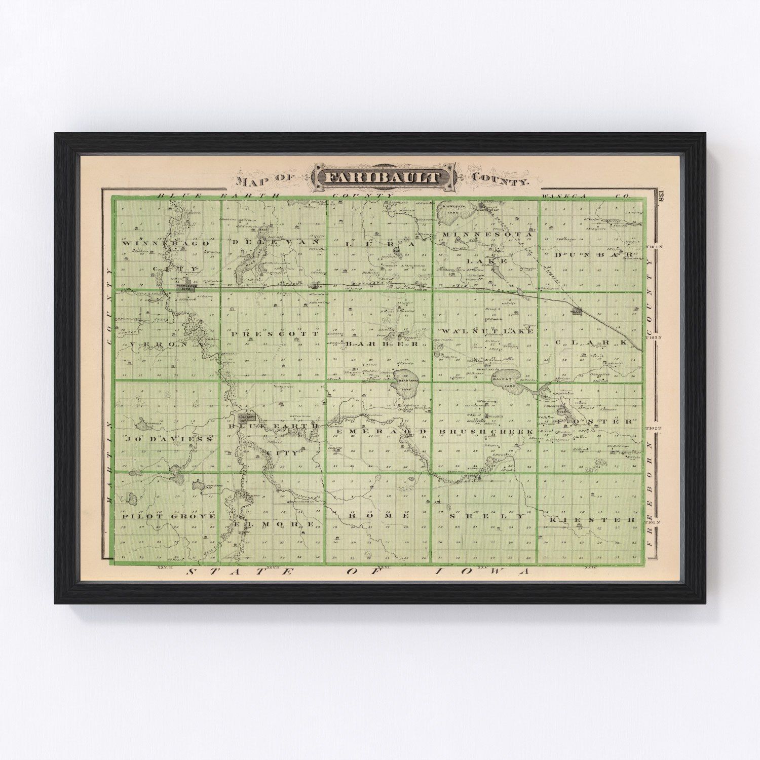vintage map of Faribault County, Minnesota, 1874