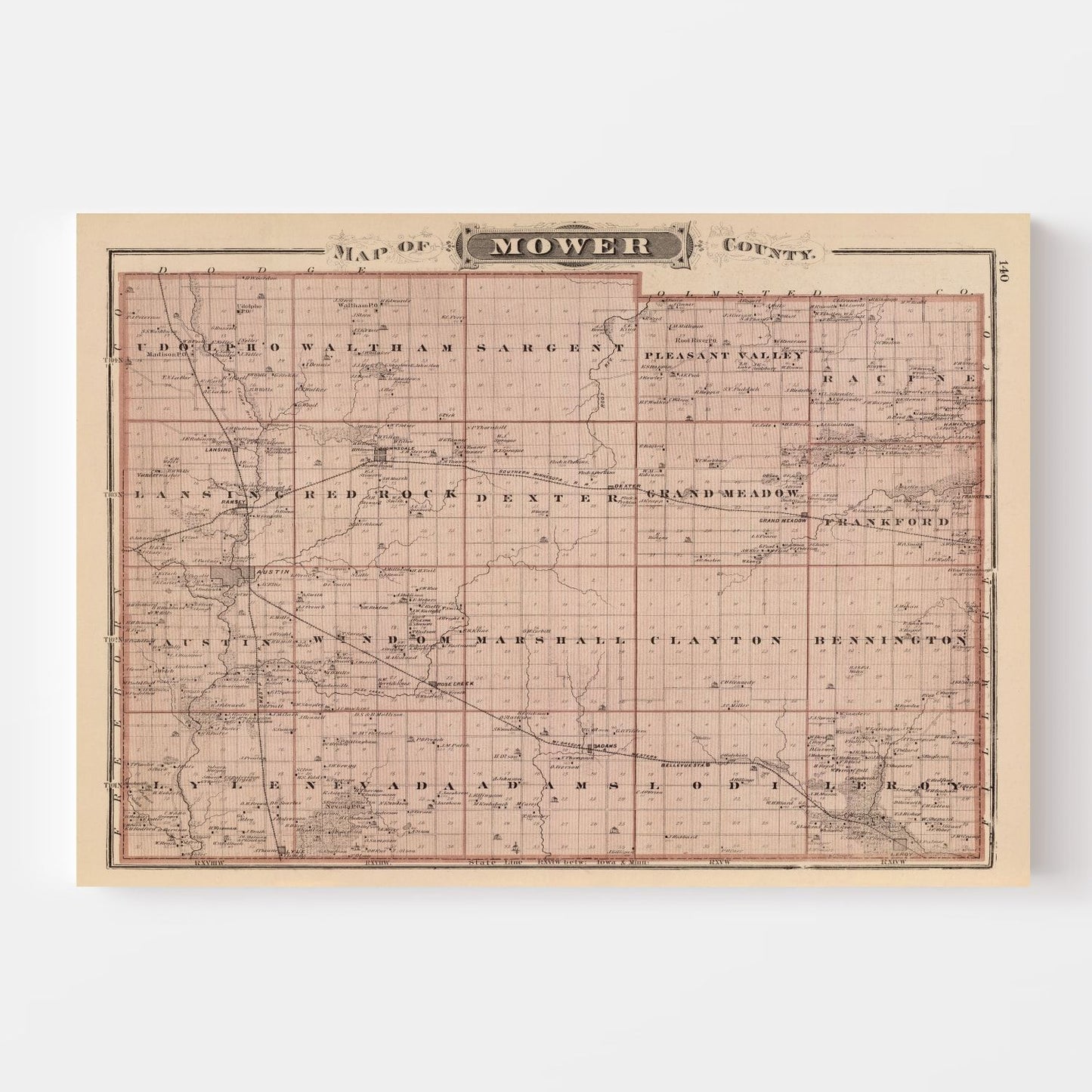 Vintage Map of Mower County, Minnesota, 1874