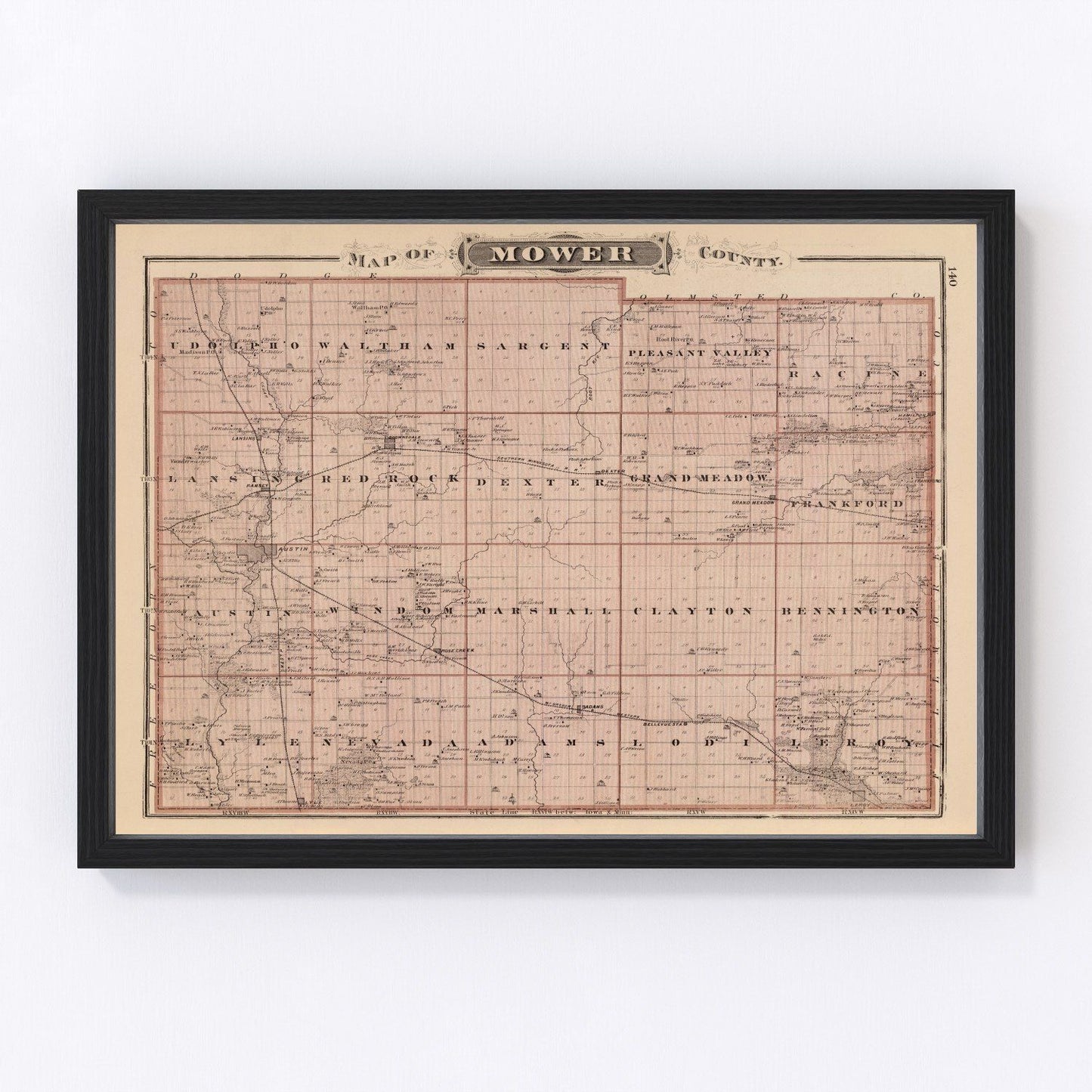 Vintage map of Mower County, Minnesota, 1874