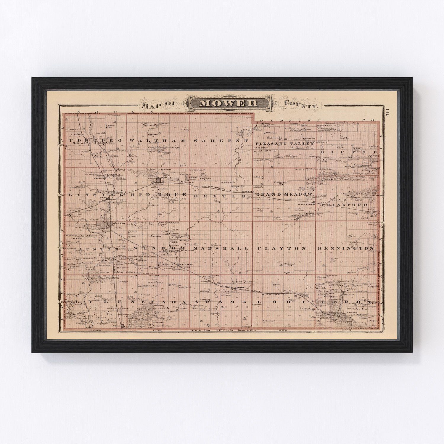 Vintage map of Mower County, Minnesota, 1874