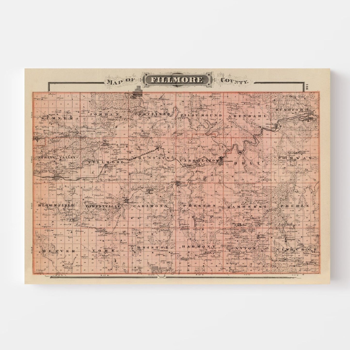 Vintage Map of Fillmore County, Minnesota, 1874