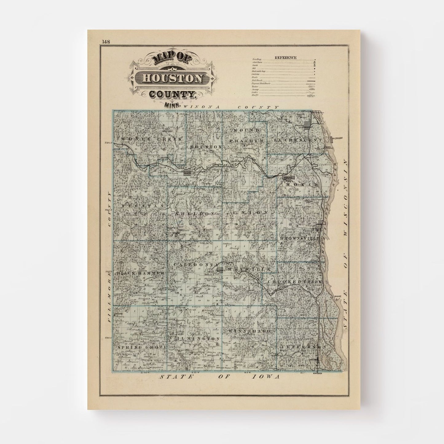 Vintage Map of Houston County, Minnesota, 1874