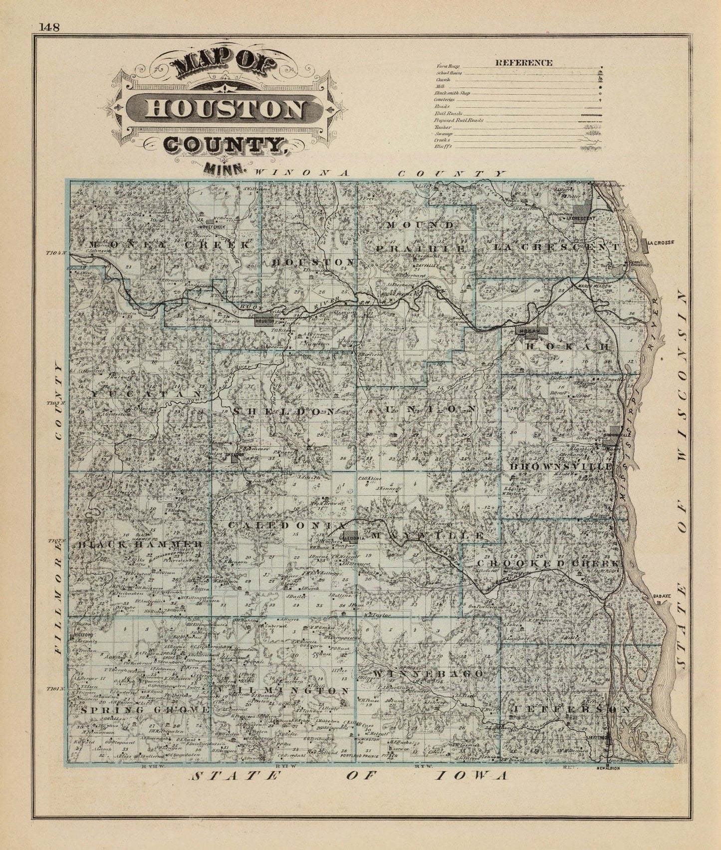 Vintage Map of Houston County, Minnesota, 1874
